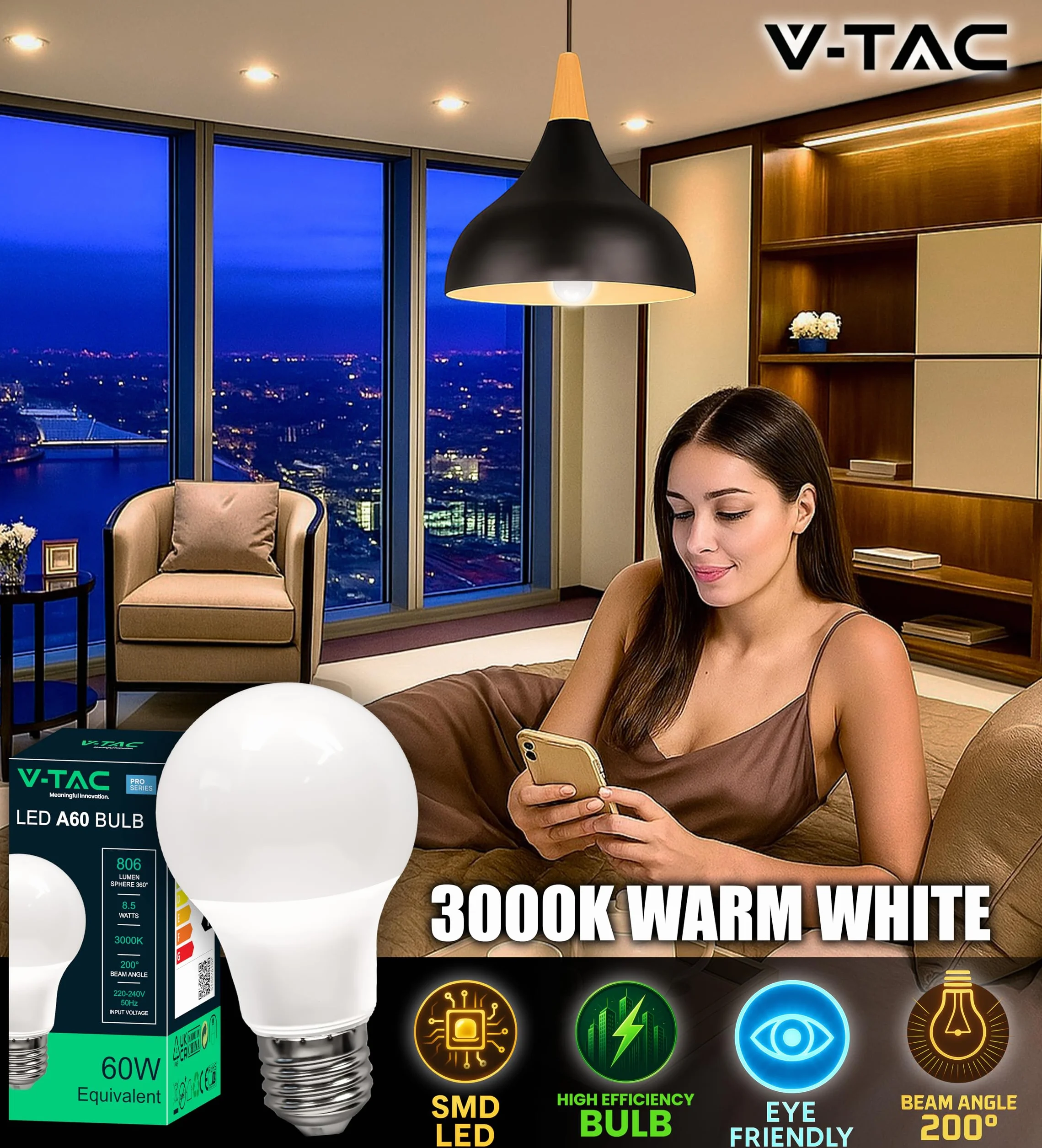 V-TAC Ampoules LED E27 8,5W A60 806 Lumen 3000K Blanc Chaud