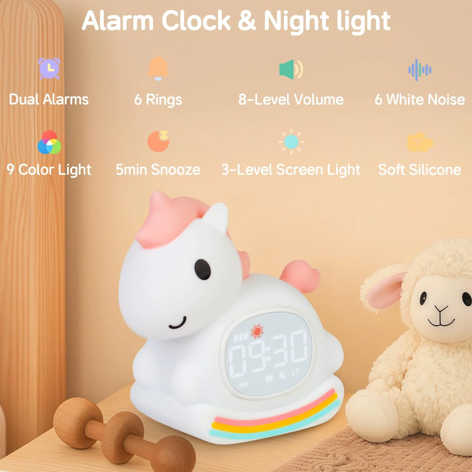 Horloge Réveil Poney Veilleuse Enfants Lampe Rechargeable Silicone Rose