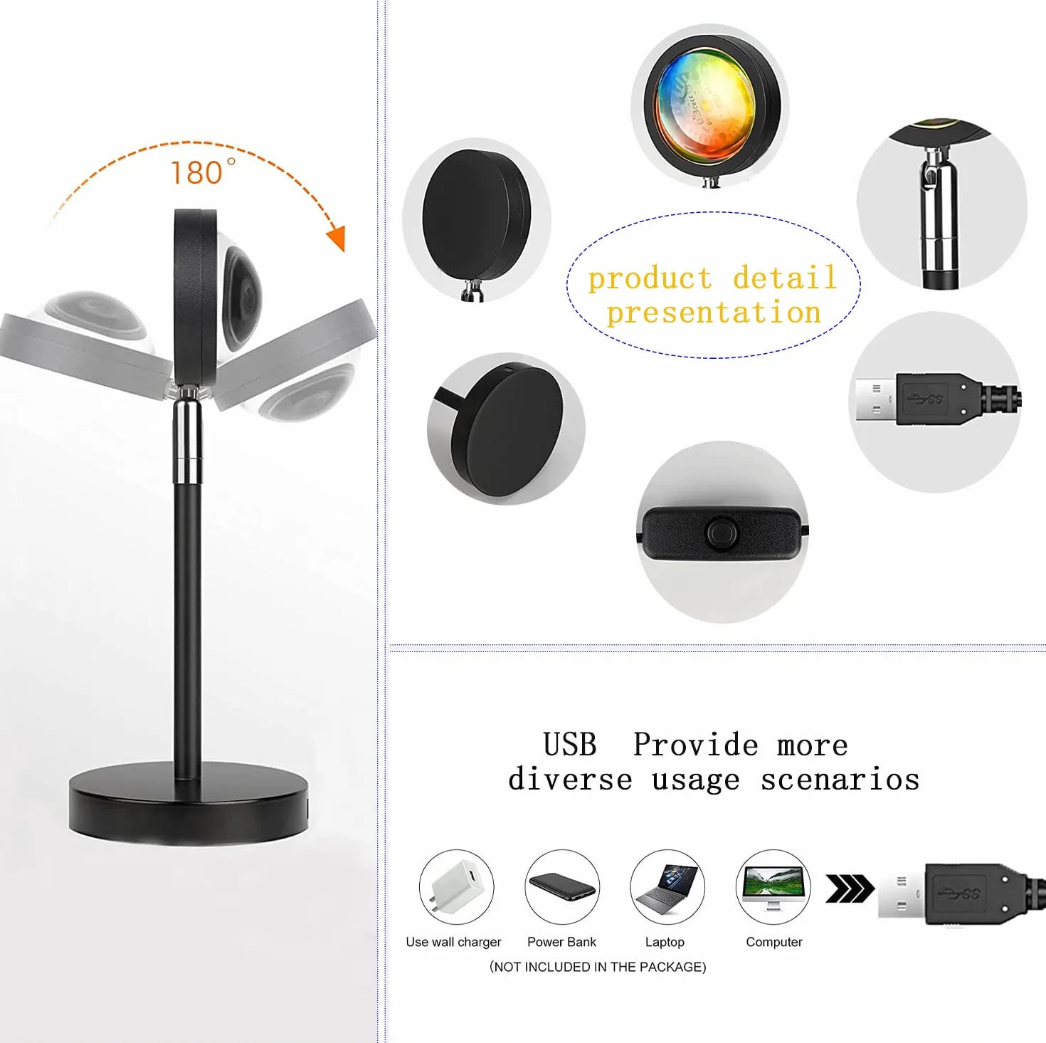 Lampe Coucher de Soleil Sunset Lamp USB, Lumière Arc-en-Ciel LED Réglable 24 Couleurs 4 Modes, Rotation 180°