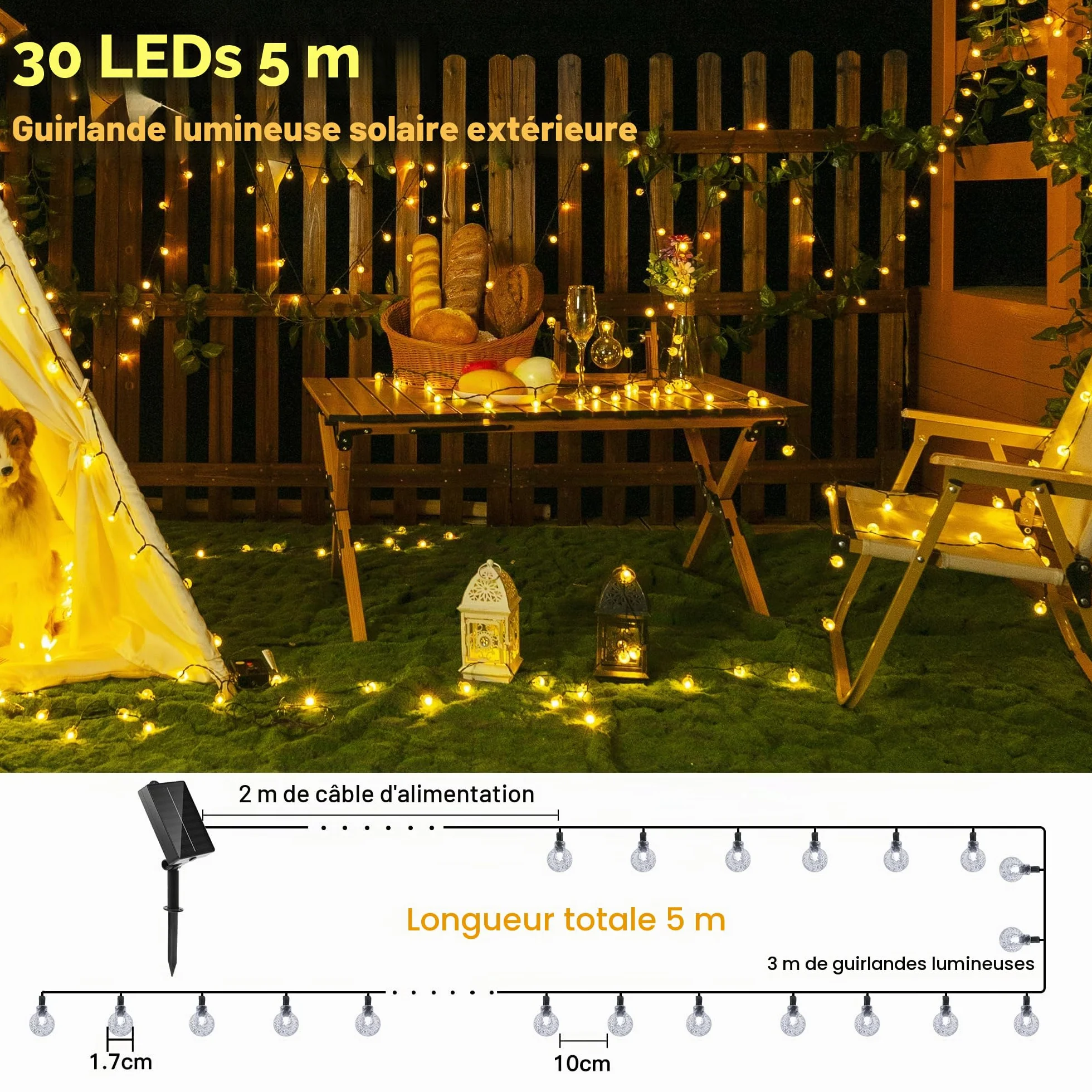 Ollny Guirlande lumineuse solaire d'extérieur 5 m 30 LED étanche IP65 8 modes blanc chaud