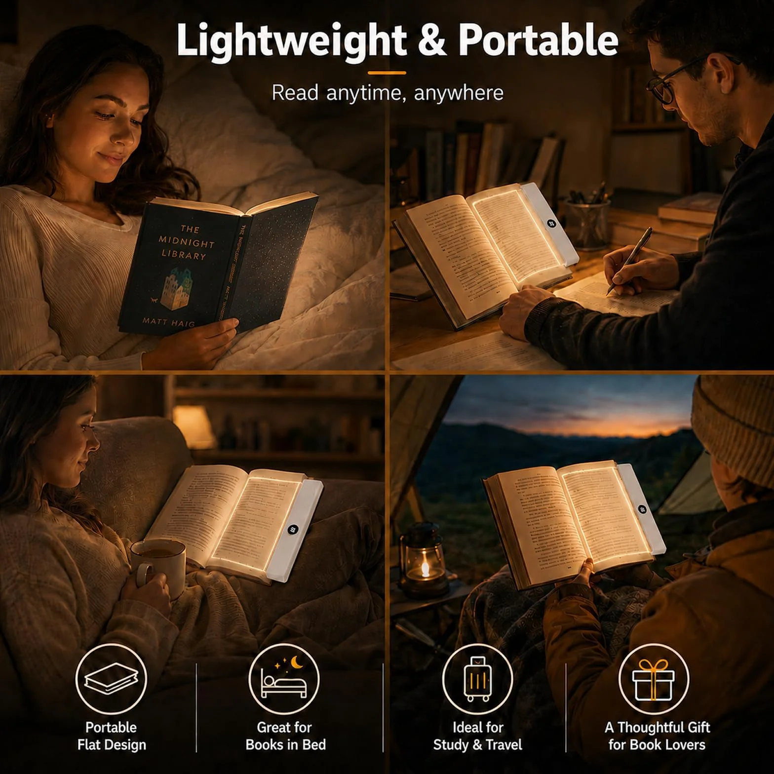Lampe de lecture intelligente LED rechargeable 3 couleurs pour livres au lit voiture