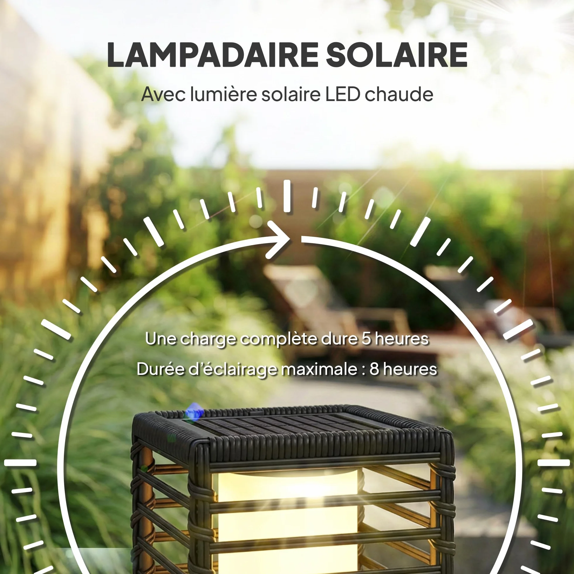 Outsunny Lanterne Solaire Extérieure Résine Tressée Noir Lampadaire sans Fil Rechargeable Capteur de Lumière LED