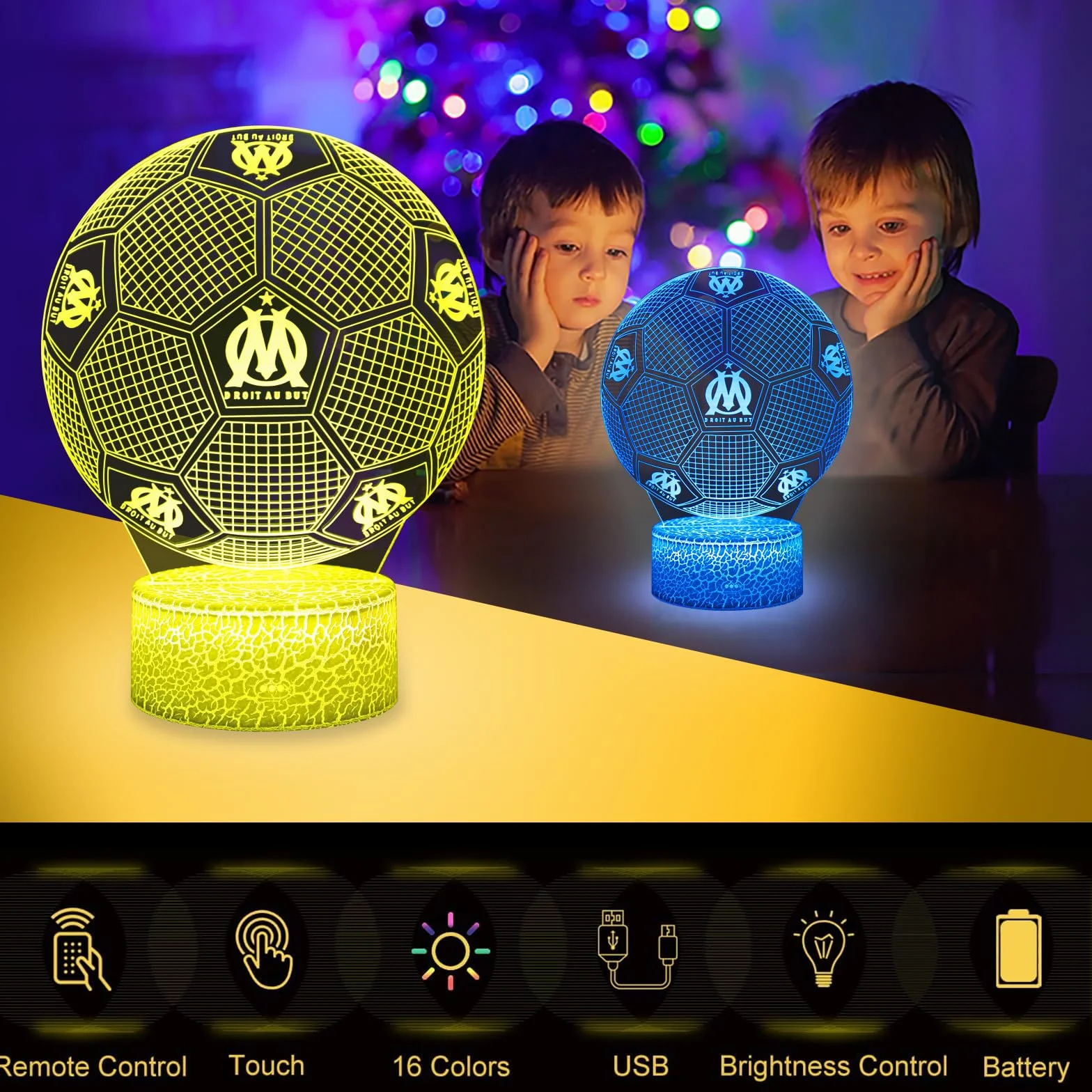 Marseille Football Veilleuse 3D LED Enfants 16 Couleurs USB Smart Remote Control Lampe Décoration Chambre Cadeau Fans