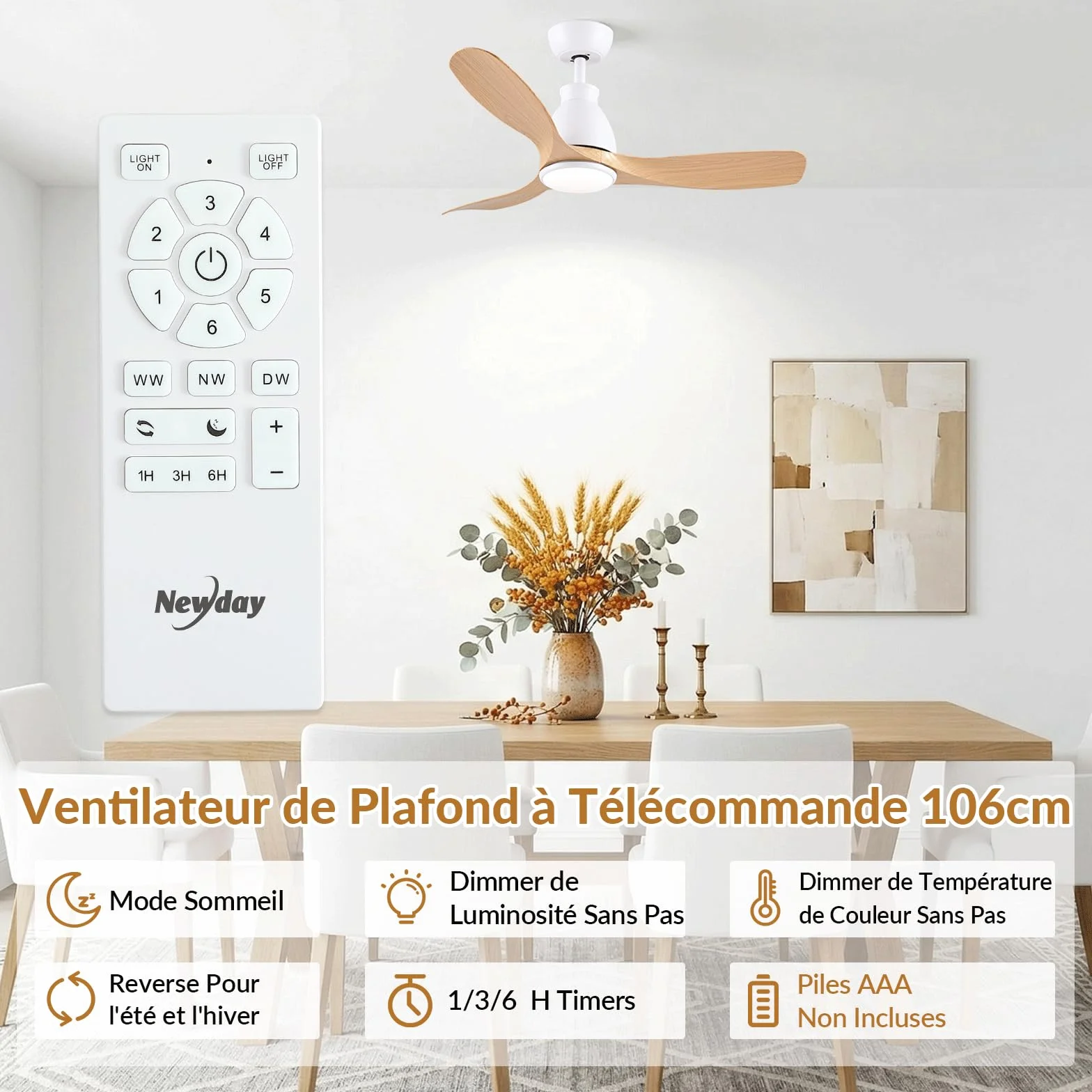 Newday Ventilateur Plafond en Bois 106cm avec Lumiere et Télécommande Silencieux, Moteur DC Réversible, LED Dimmable