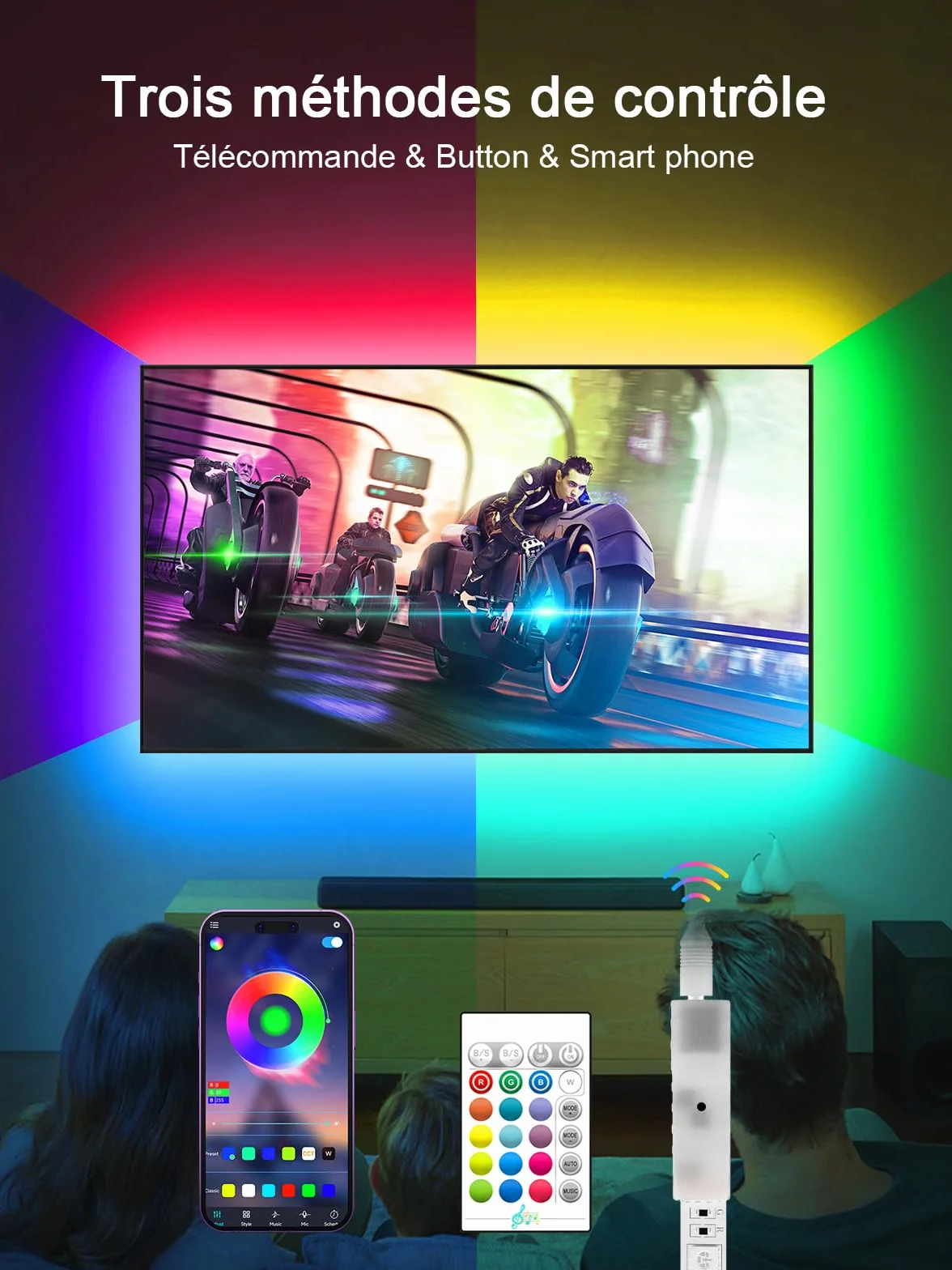 Ruban LED TV 4M pour TV 45"-55" Bluetooth USB alimenté avec télécommande