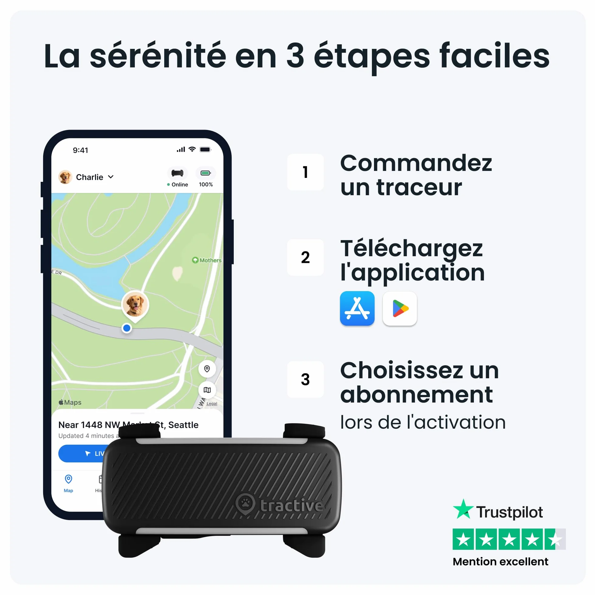 Tractive Collier GPS pour chien 2025 Édition Localisation en direct Alertes anti-fugue Moniteur d'activité et d'aboiements Noir