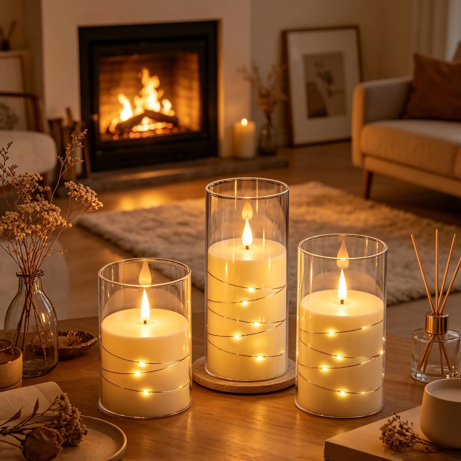 Bougies LED Ivoire Transparentes Guirlande Lumineuse Flamme Scintillante Réaliste Effet Verre Télécommande Incluse Plastique Réutilisable Écologique