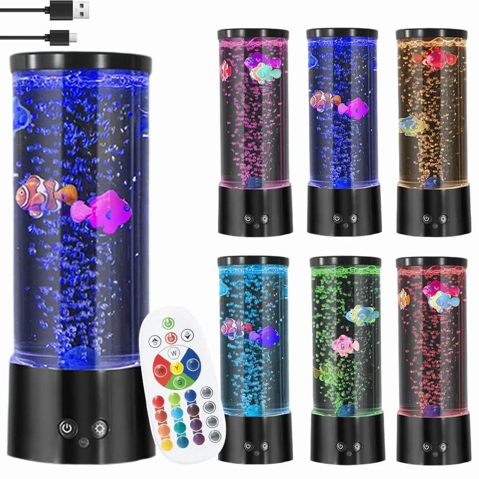 Lampe à Lave LED avec Télécommande, 16 Couleurs, 4 Modes, Faux Aquarium Poisson, Veilleuse Maison