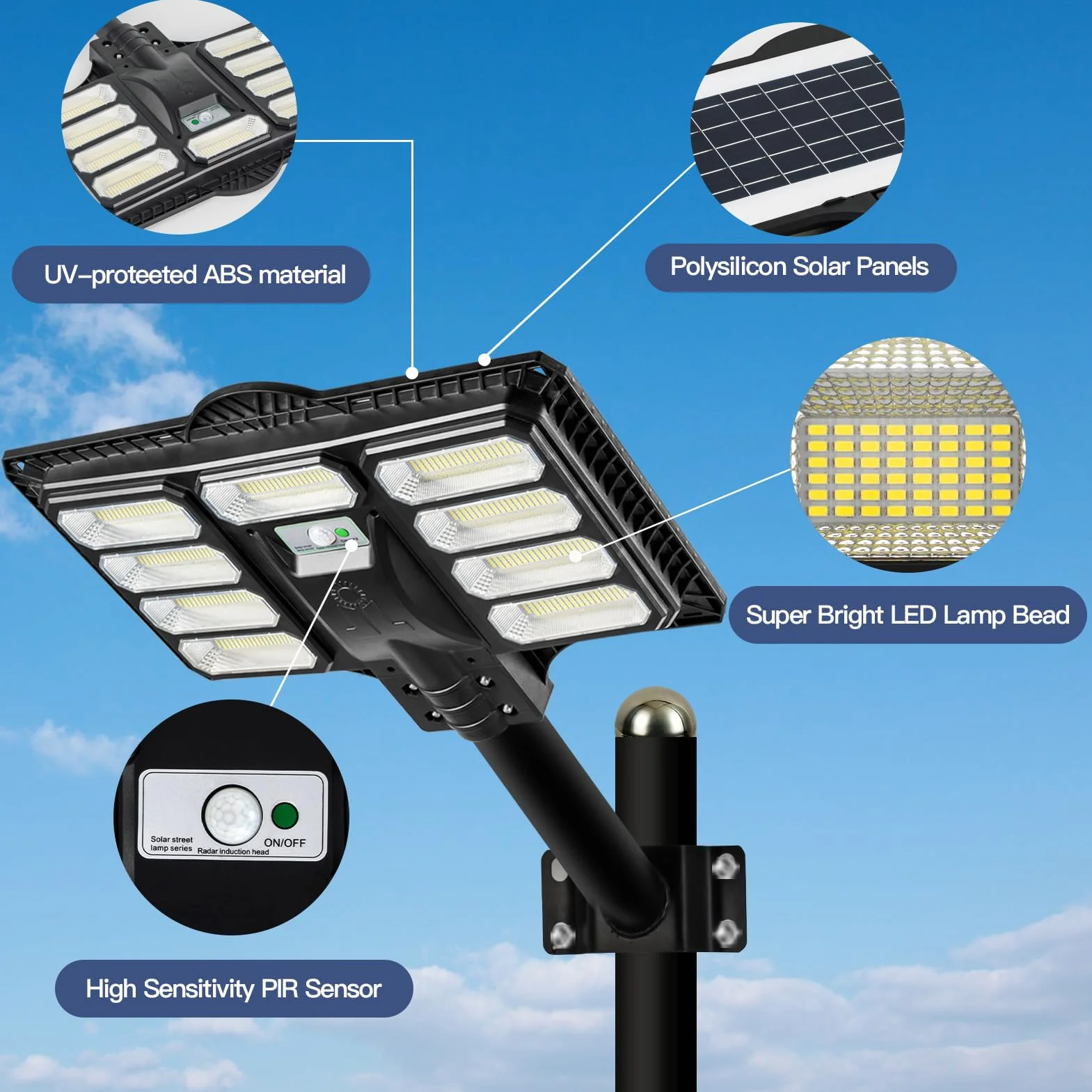 HYPOW 500W Réverbère Lampadaire Solaire Extérieur IP65 6500k