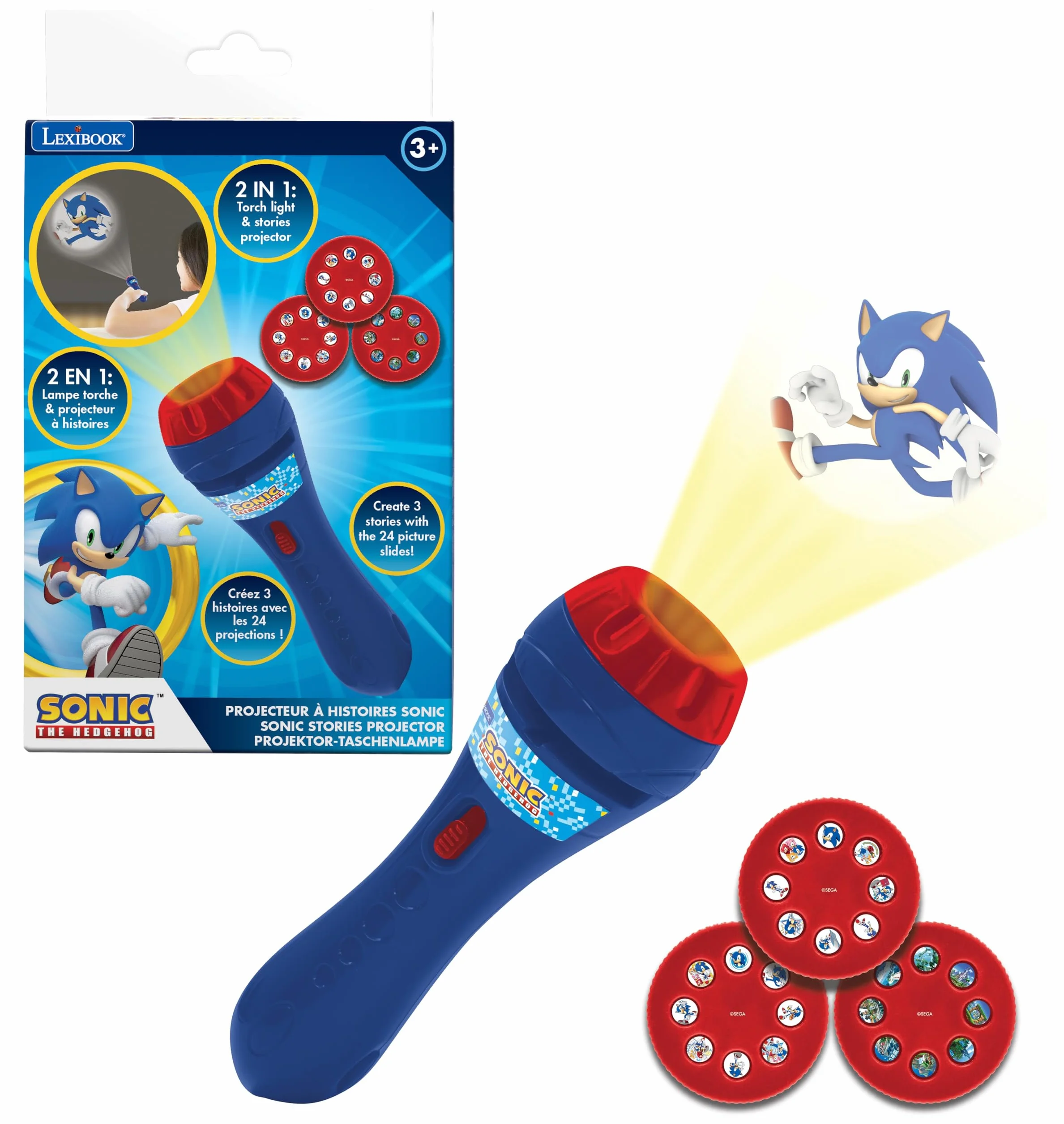 Lexibook Sega Sonic The Hedgehog Projecteur d'histoires Lampe Torche 24 Images 3 disques Rouge Bleu LTC050SNLXB