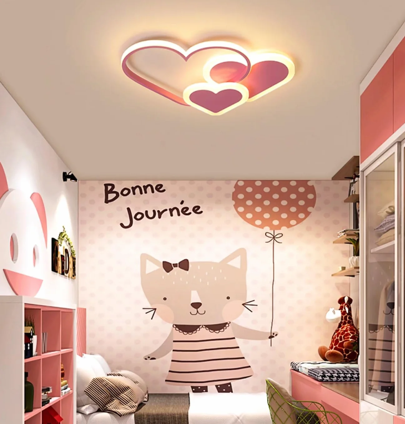 Plafonnier 3D LED Créatif Stéréoscopique Coeurs 30W Rose Lumière Chaude