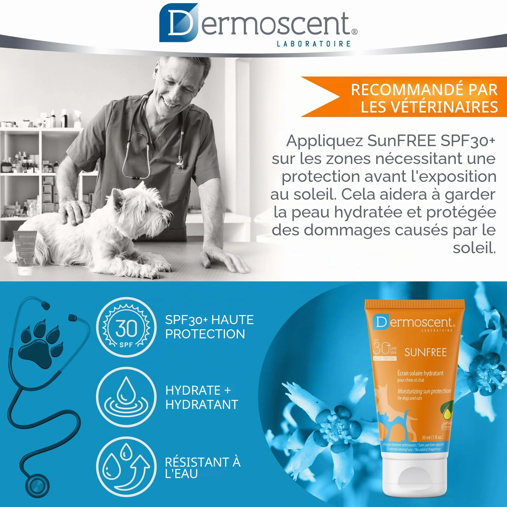 Dermoscent SunFREE SPF30+ Écran Solaire Hydratant Protection Minérale Non Grasse Résistant à l'Eau 30 ml