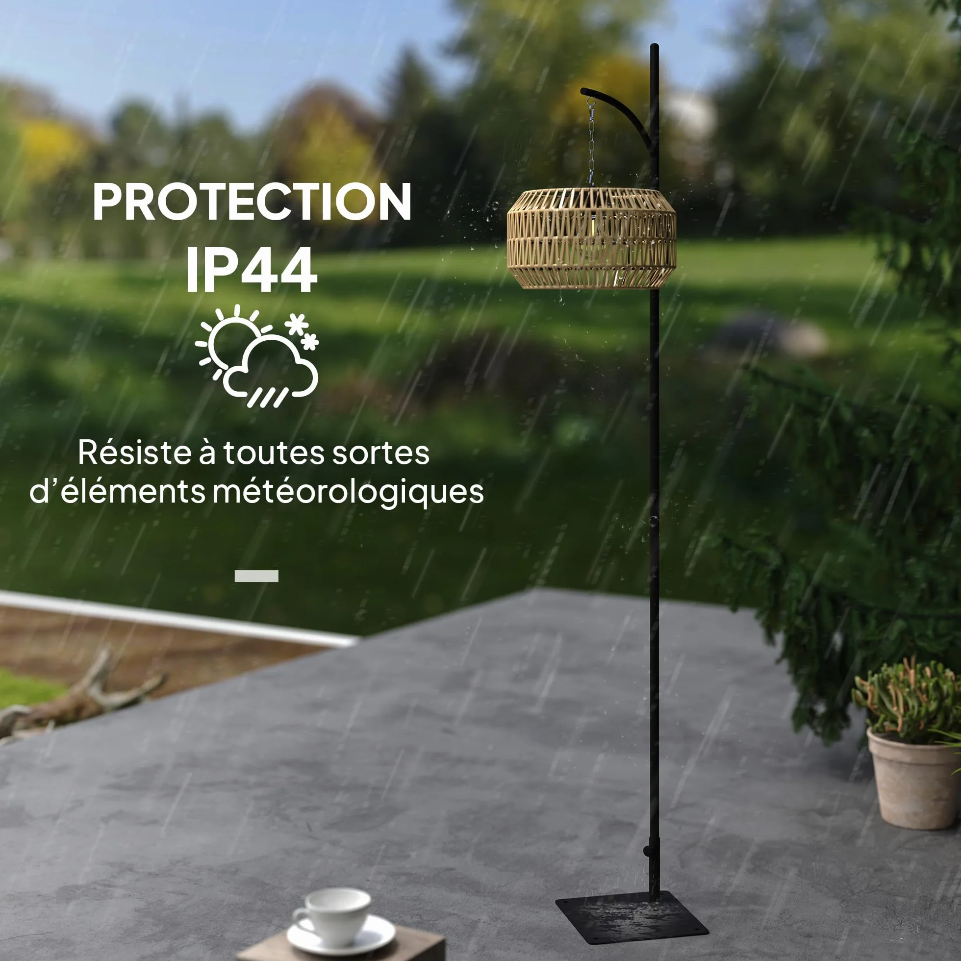 Lampadaire solaire extérieur Outsunny 178 cm résine tressée IP44 jaune