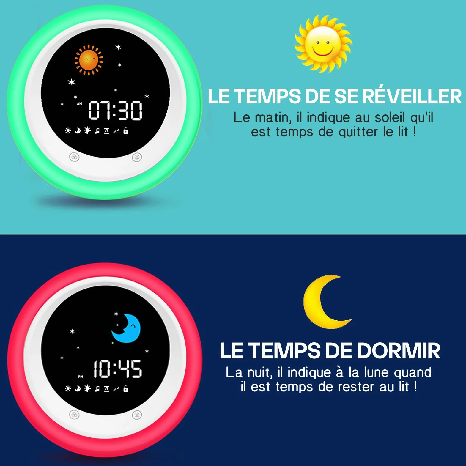I·CODE Réveil Enfant Apprentissage Sommeil avec Affichage Lune Soleil Veilleuse Alarme Son Favorisant Sommeil