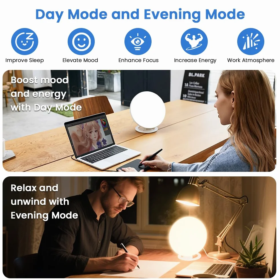 AOOWU Lampe de Luminothérapie 10000LUX-30000LUX, Lampe Solaire Compacte Sans UV 3 Températures de Couleur 10 Niveaux de Luminosité avec Support Pliant