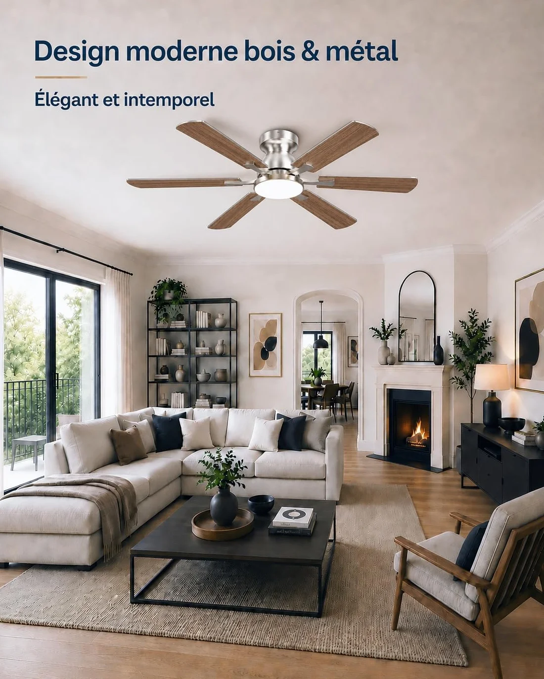 Airwit Ventilateur de Plafond 132 cm avec Lumière LED, Pales Double Face Bois & Argent, Moteur DC Réversible, Télécommande, 6 Vitesses