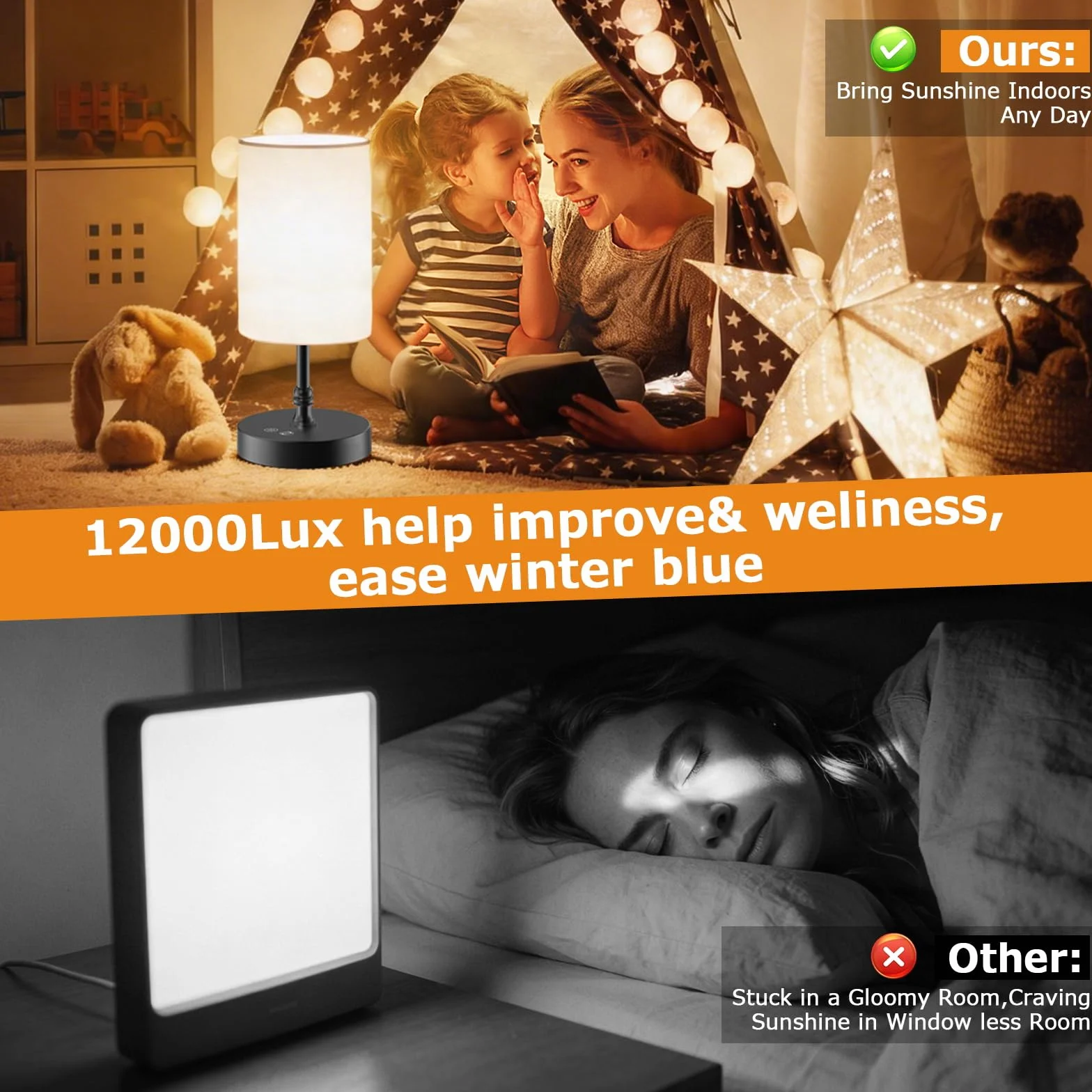 Lampe luminothérapie 12000 Lux avec télécommande, CRI95 plein spectre, intensité variable, minuterie, mémoire, éclairage 360° sans UV - Noir
