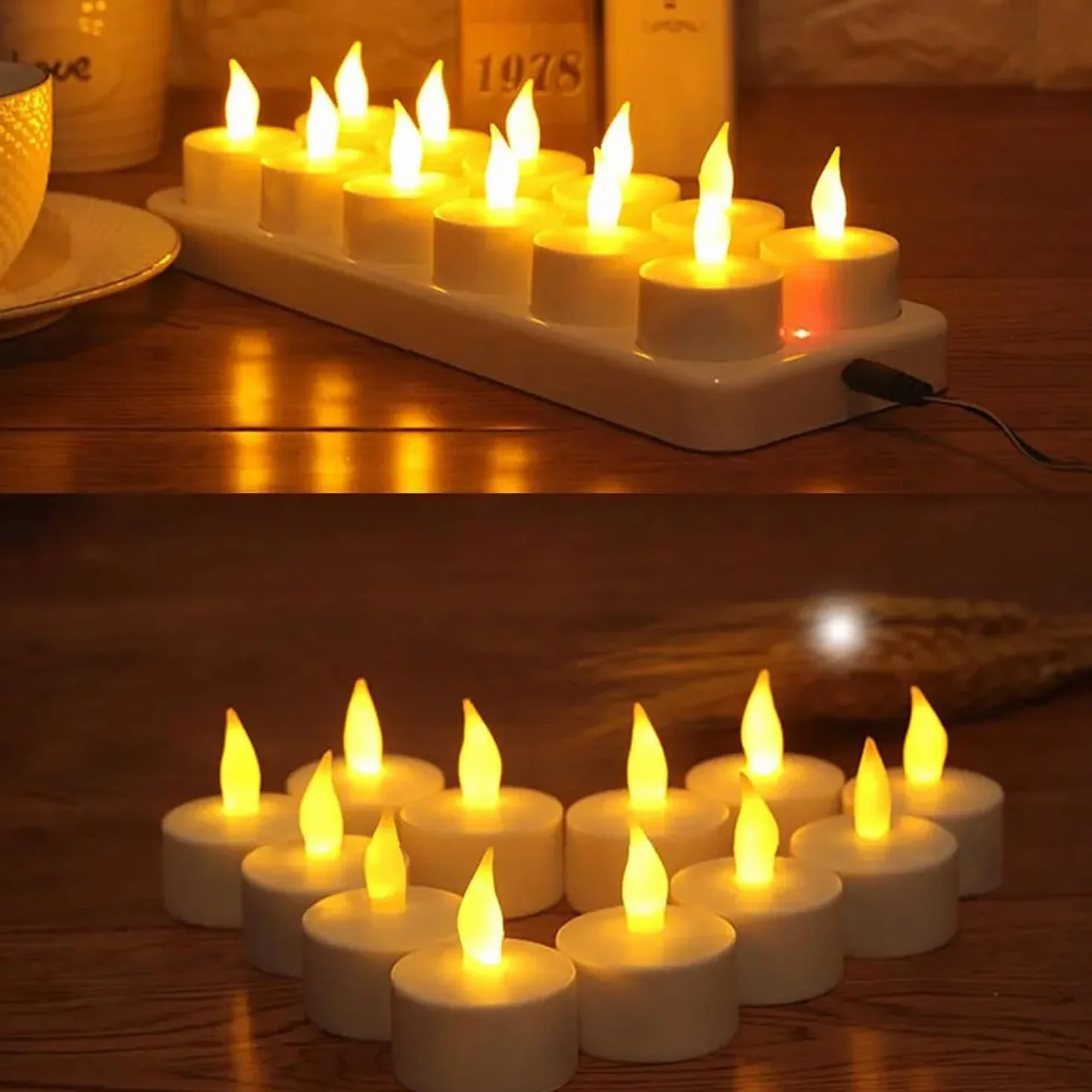 Lot de 12 Bougie LED Rechargeable Flamme Vacillante avec Station de Charge pour Décoration Noël