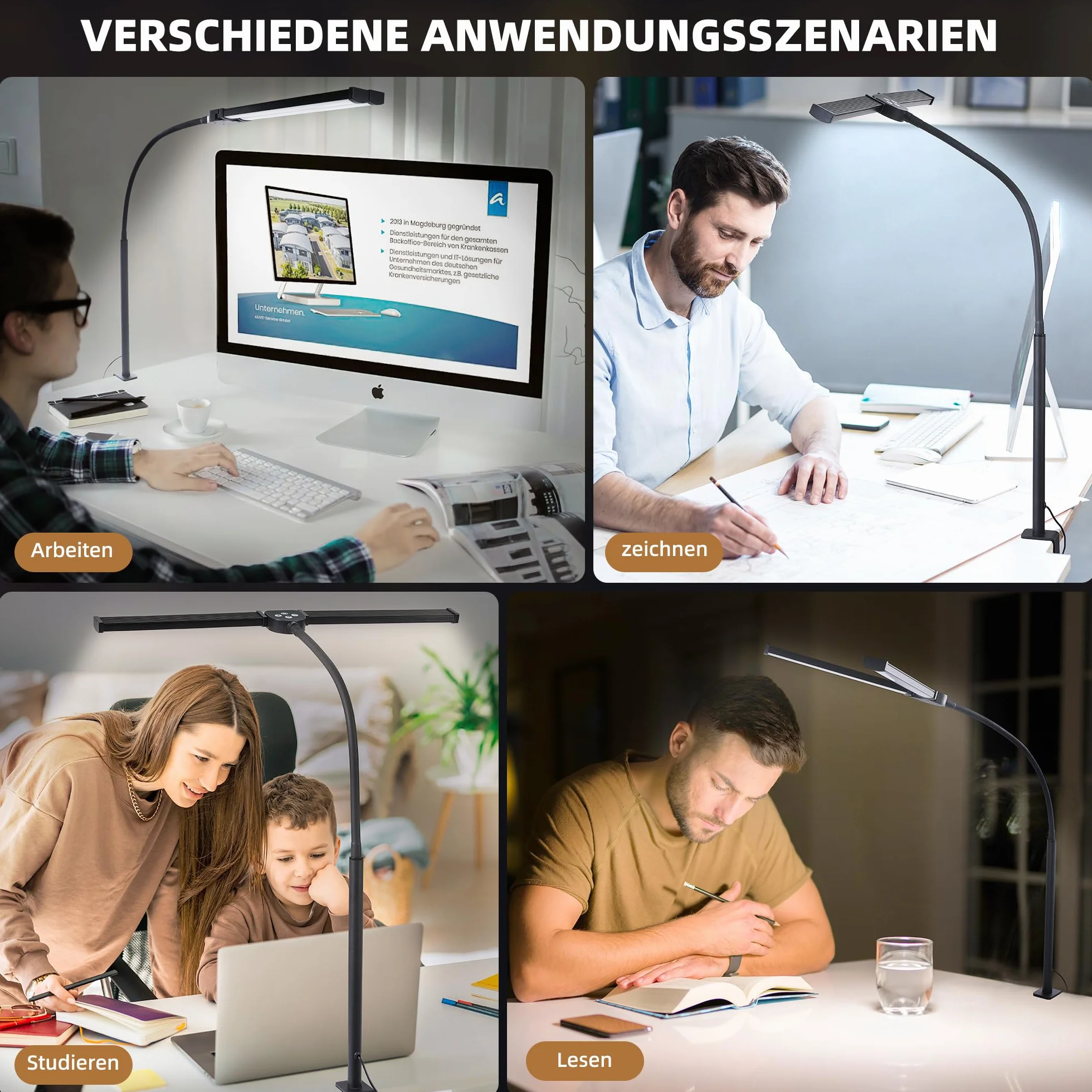 Lampe de Bureau LED, Double Tête, 5 Modes Couleur 5 Niveaux Luminosité, Col de Cygne Flexible