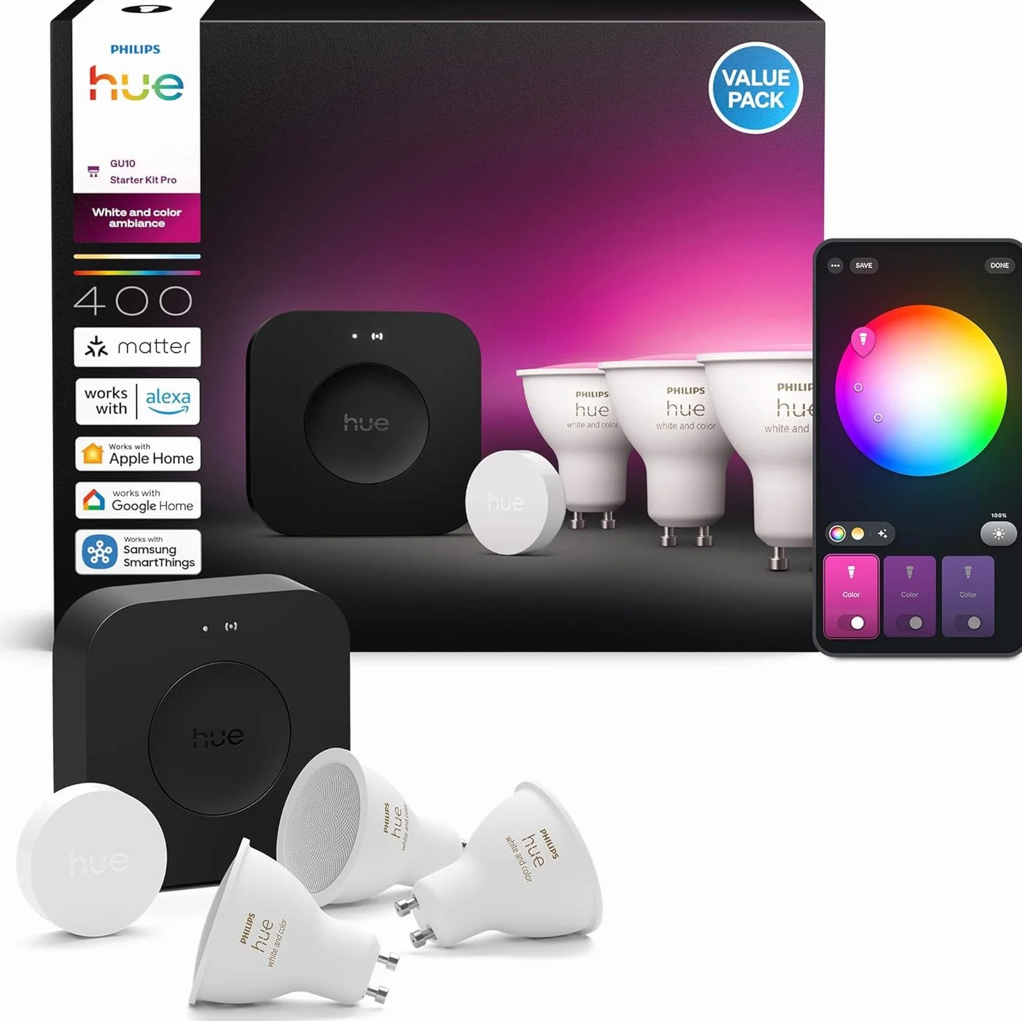 Philips Hue Kit de Démarrage avec Bridge Pro 3 Spots GU10 Smart Button White Color Ambiance Ampoule Dimmable Éclairage Connecté Compatible Apple Home Alexa Google Assistant