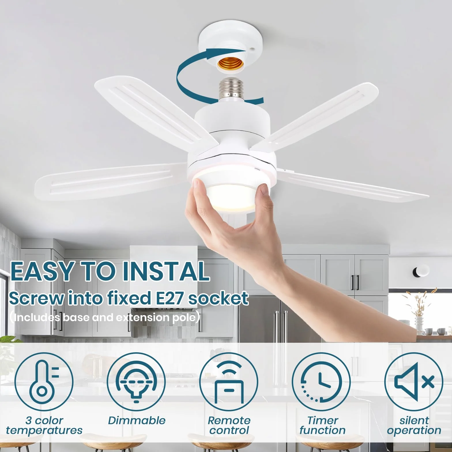 Ventilateur de plafond avec lumière 52cm Lampe E27 Silencieux LED Télécommande 3 Vitesses Dimmable pour Chambre