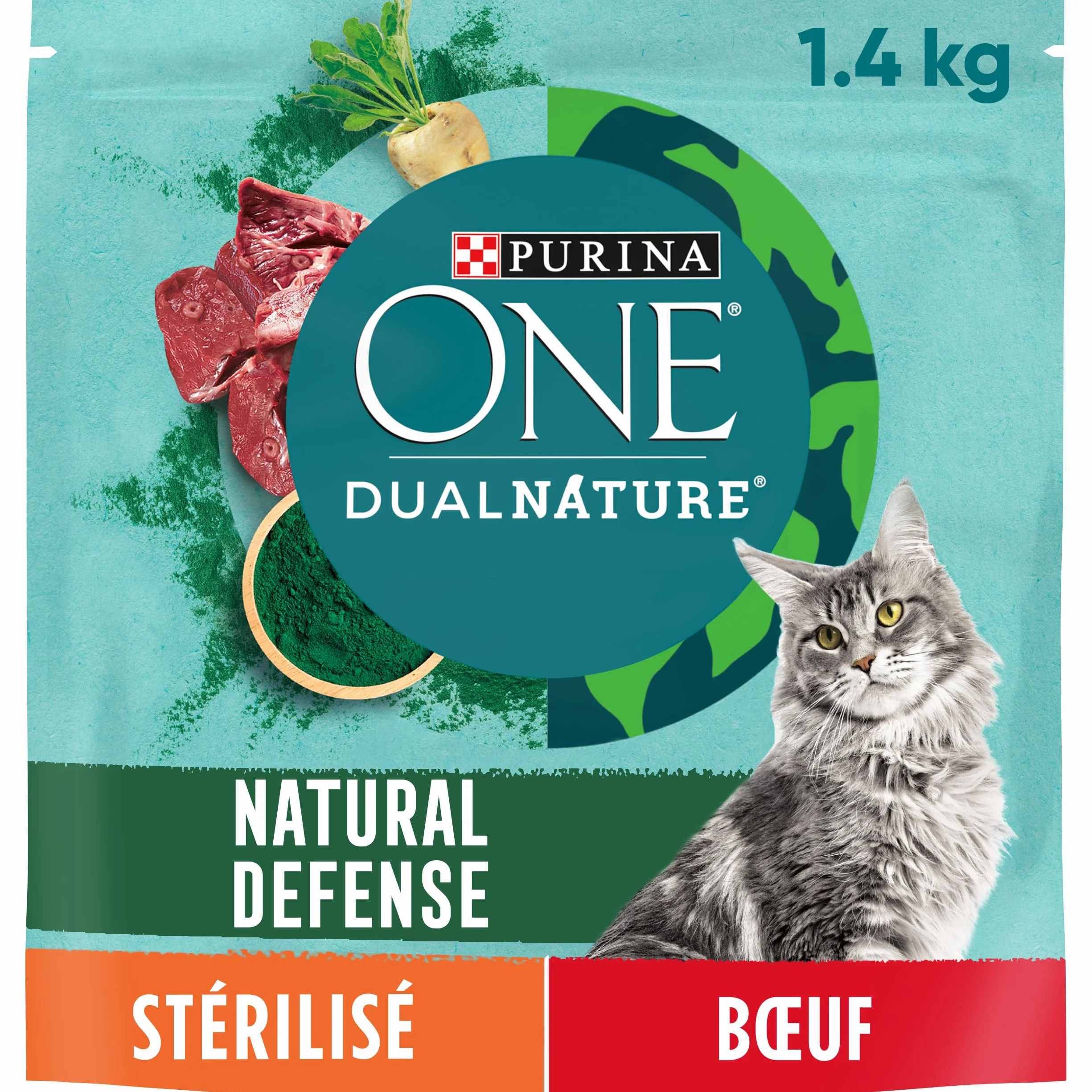 PURINA ONE DualNature Natural Defense Croquettes Chat Adulte Stérilisé Spiruline Bœuf Sac 1,4 Kg