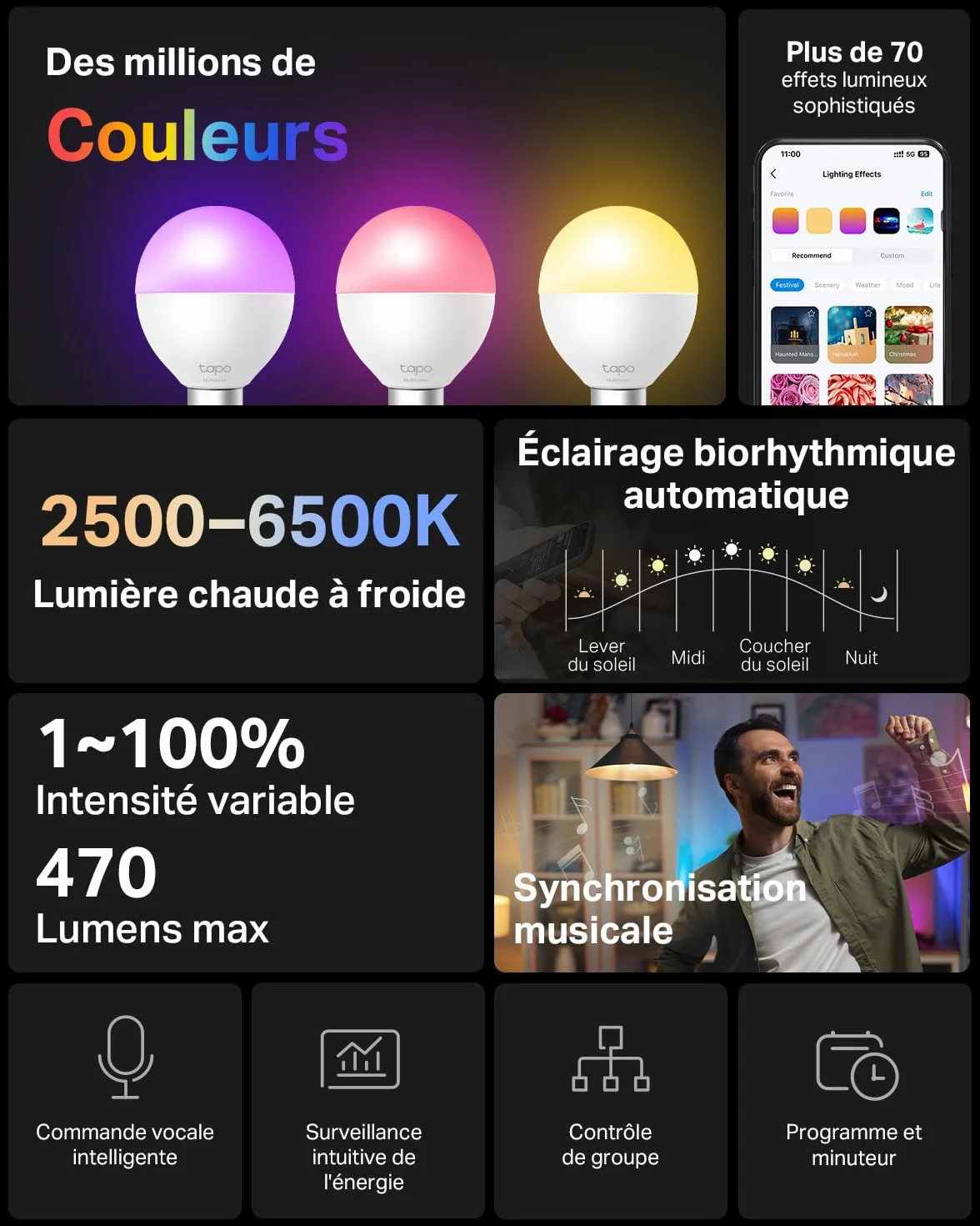 Tapo Ampoule Connectée WiFi LED E14 Multicolore 2500K-6500K Dimmable 4,3W 470Lm Compatible Alexa Google Home L430P