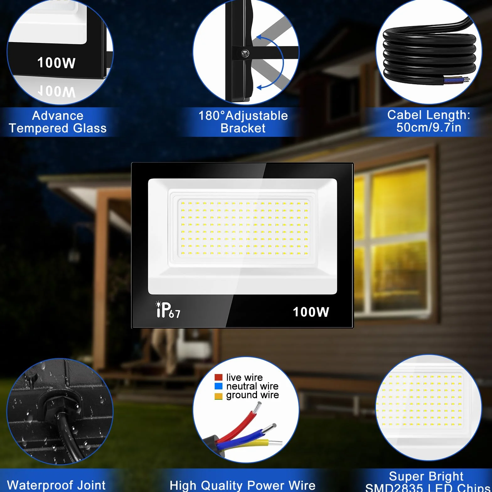Projecteur LED Extérieur 100W 10000LM 7000K Blanc Froid IP67 Imperméable