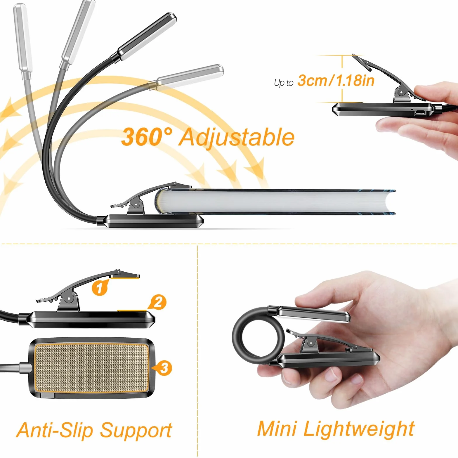 Gritin Lampe de Lecture Rechargeable 9 LED Liseuse Clip Gradation Progressive 3 Modes Protection des Yeux 360° Cou Flexible