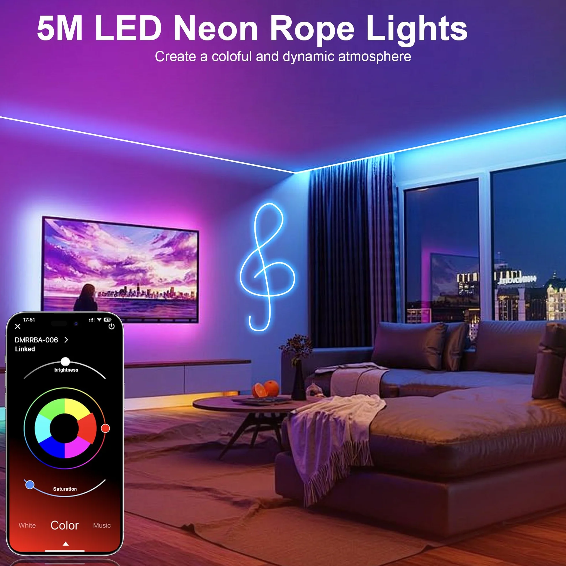Macchiatto Ruban LED Néon 5M, Bande LED avec APP/Télécommande, Synchronisation Musicale, Imperméable, pour Intérieur et Extérieur
