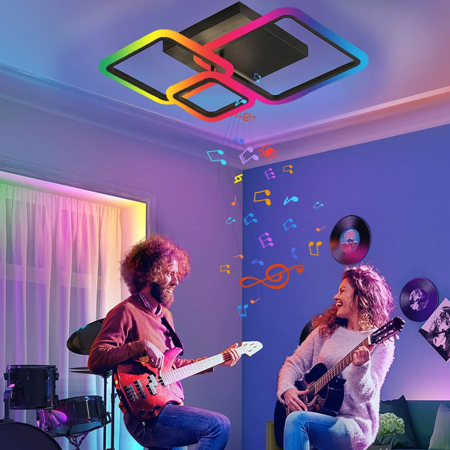 Plafonnier LED RGB 84W avec Haut-parleur Bluetooth Dimmable Lampe de Plafond Carré Moderne