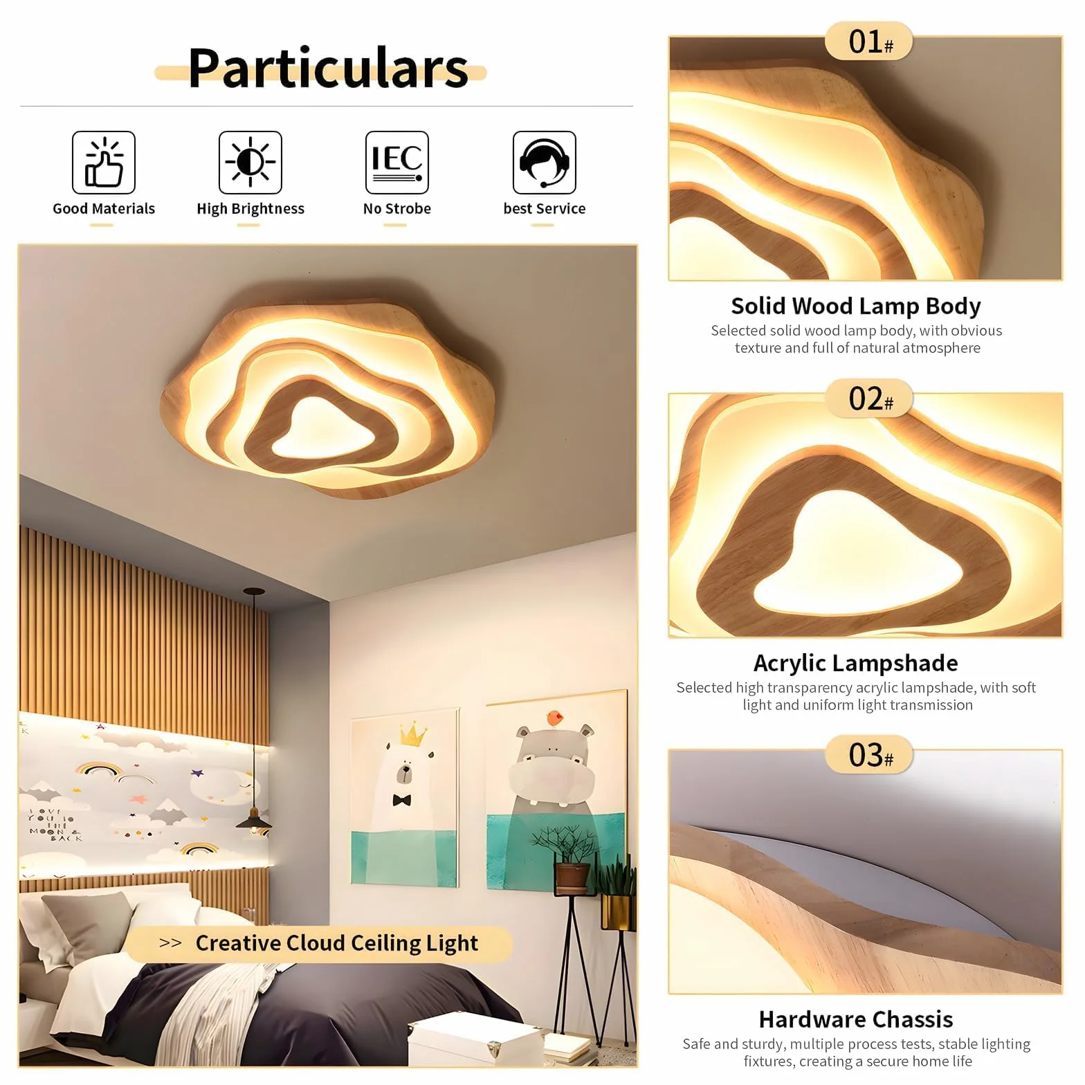 Plafonnier LED En Bois Ø57cm 50W 3500lm Intensité Variable 3000K-6000K Enfant Moderne