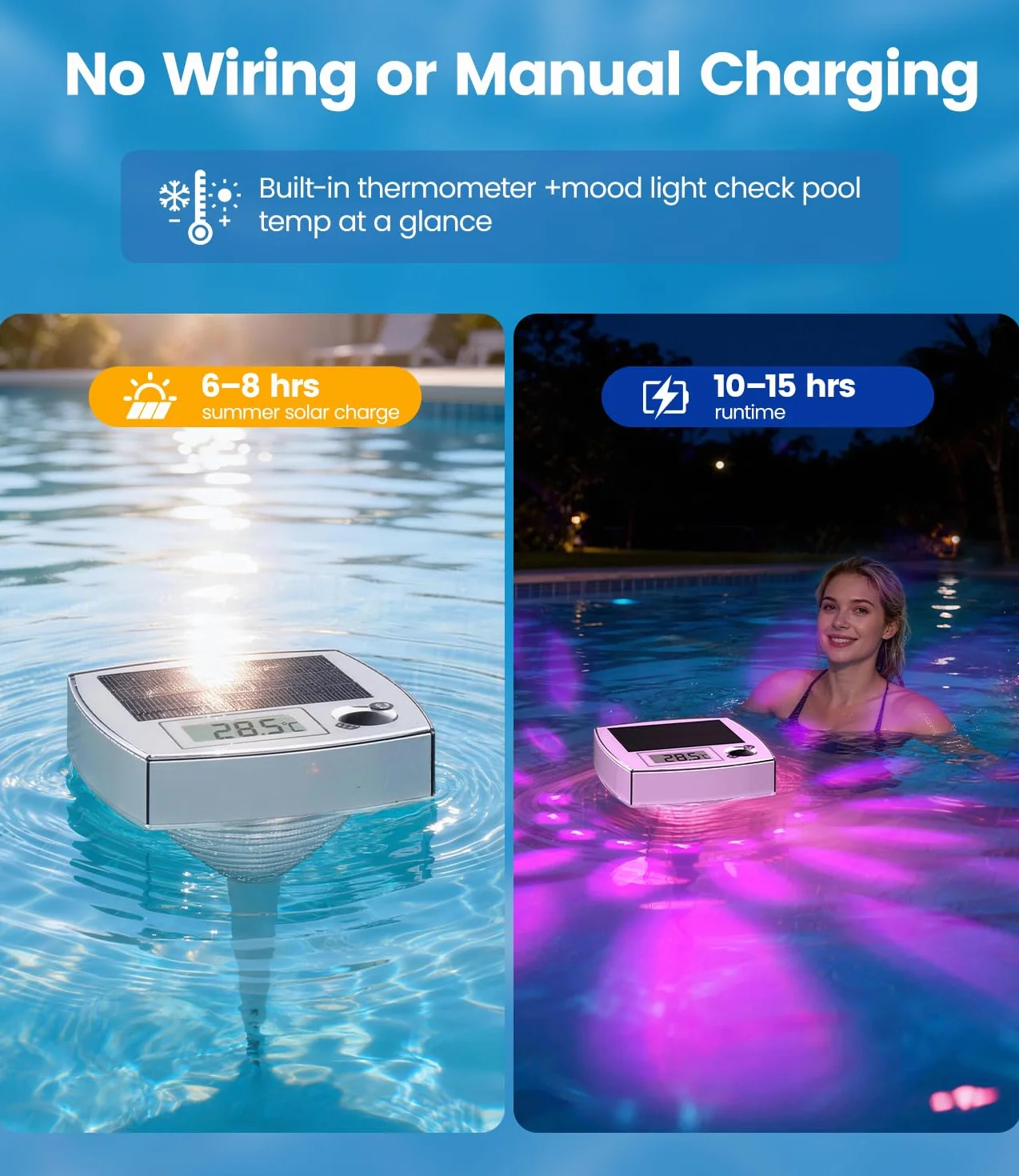 Thermomètre de Piscine Lumineux RGB 2 en 1 Flottant Sans Fil LED 7 Couleurs Écran LCD IP68 Solaire
