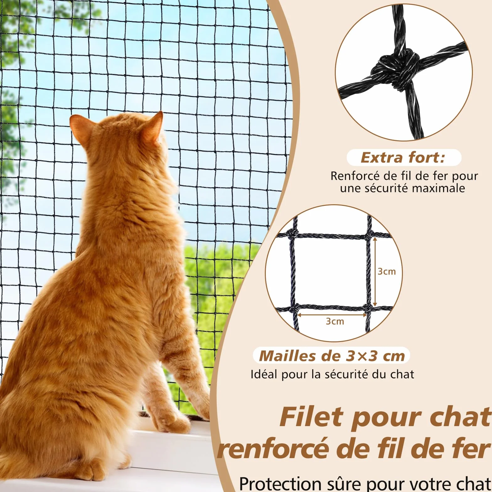Filet de Balcon sans Percer Renforcé 3x2M Protection Chat avec Crochets Adhésifs Silicone