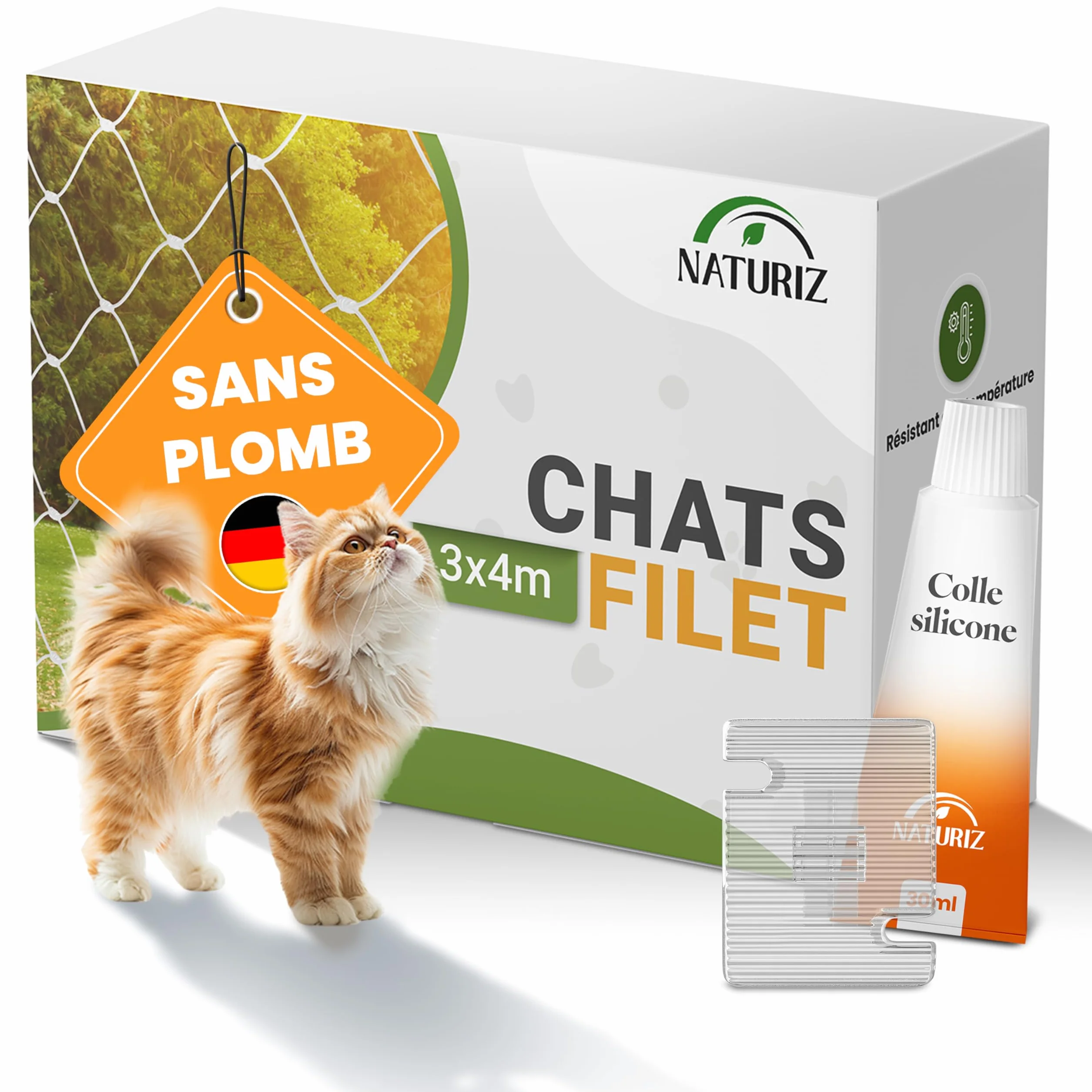 Naturiz Filet de protection pour chat pour balcon sans perçage avec crochets adhésifs et silicone - Filet transparent