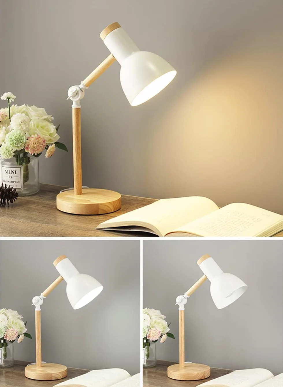 Lampe de table en bois moderne avec abat-jour en métal réglable Blanc