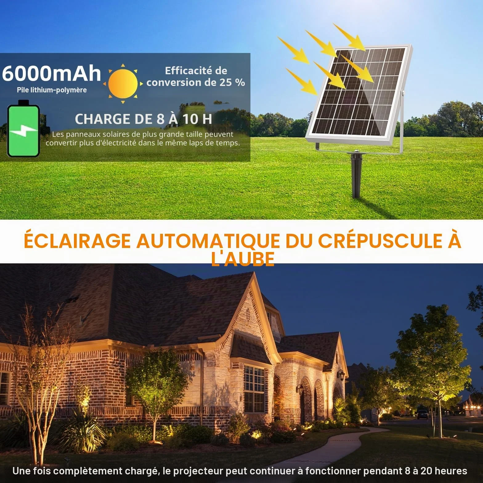 MEIKEE Lampe Solaire Exterieur IP66 3000K 6V 6W 6000mAh 3 Modes Eclairage Jardin