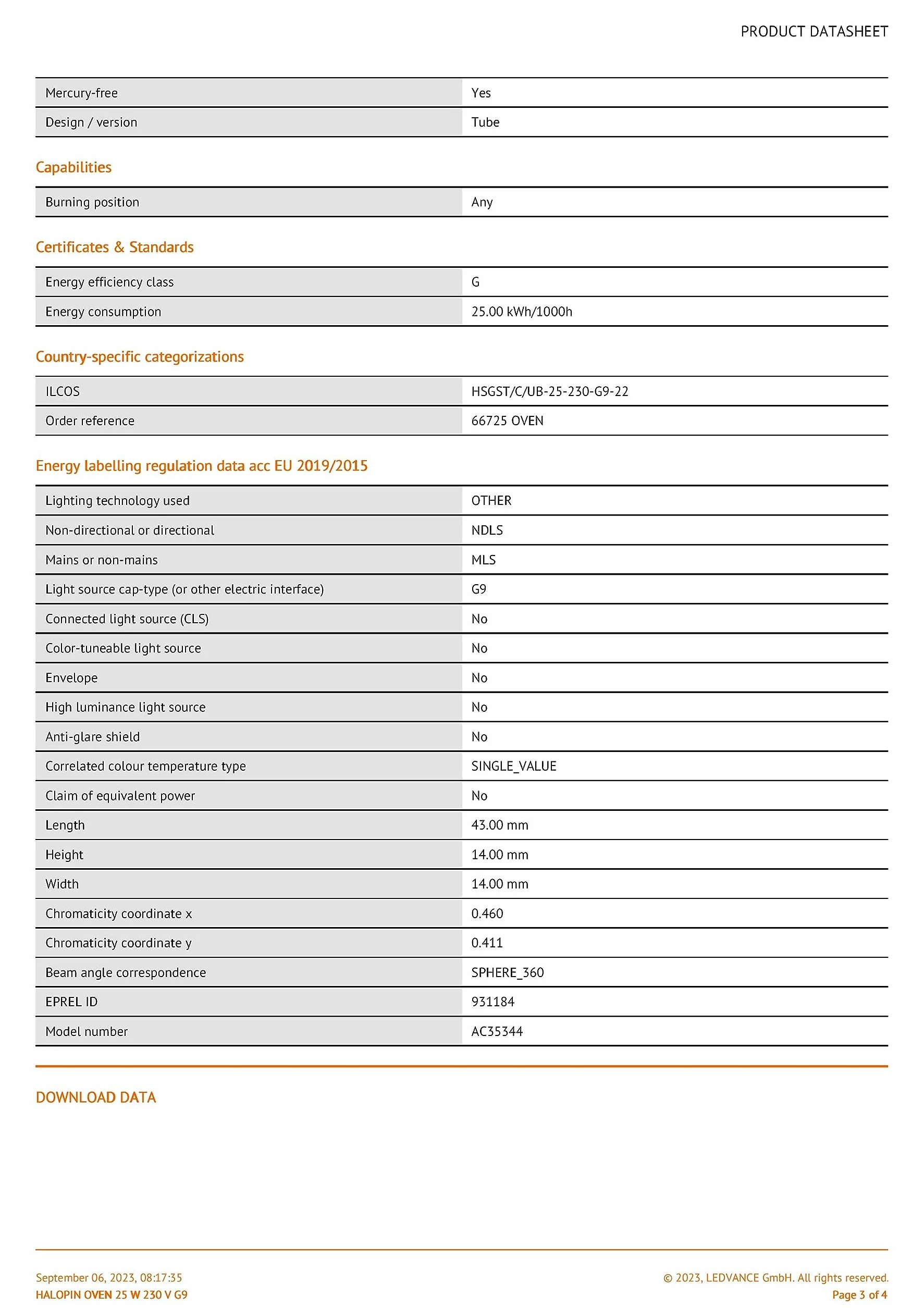 Ampoules halogènes OSRAM HALOPIN OVEN Culot G9 230/240 V 25 W