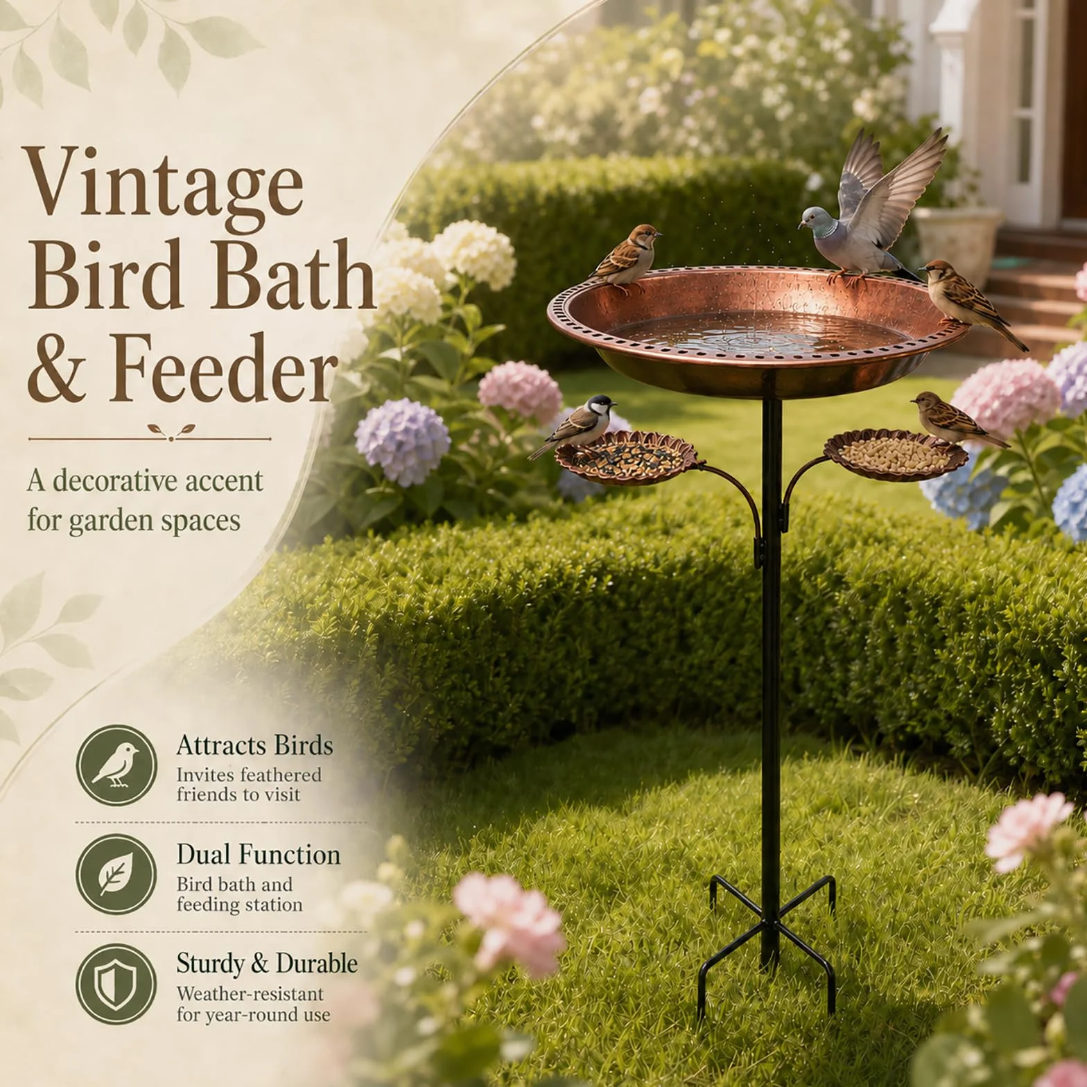 Bain d’Oiseaux en Métal sur Pied Vintage 2 en 1 Mangeoire Abreuvoir pour Jardin Extérieur Cuivre