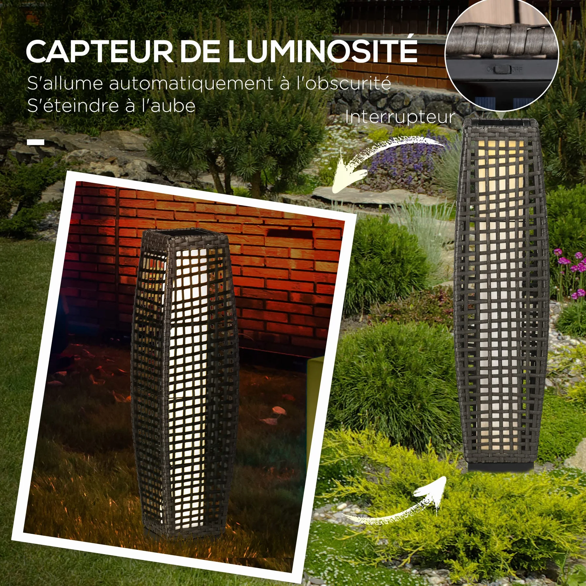 Outsunny Lampe à Poser Luminaire LED de Jardin Solaire en Résine Tressée Imitation Rotin 21 x 21 x 78 cm Gris