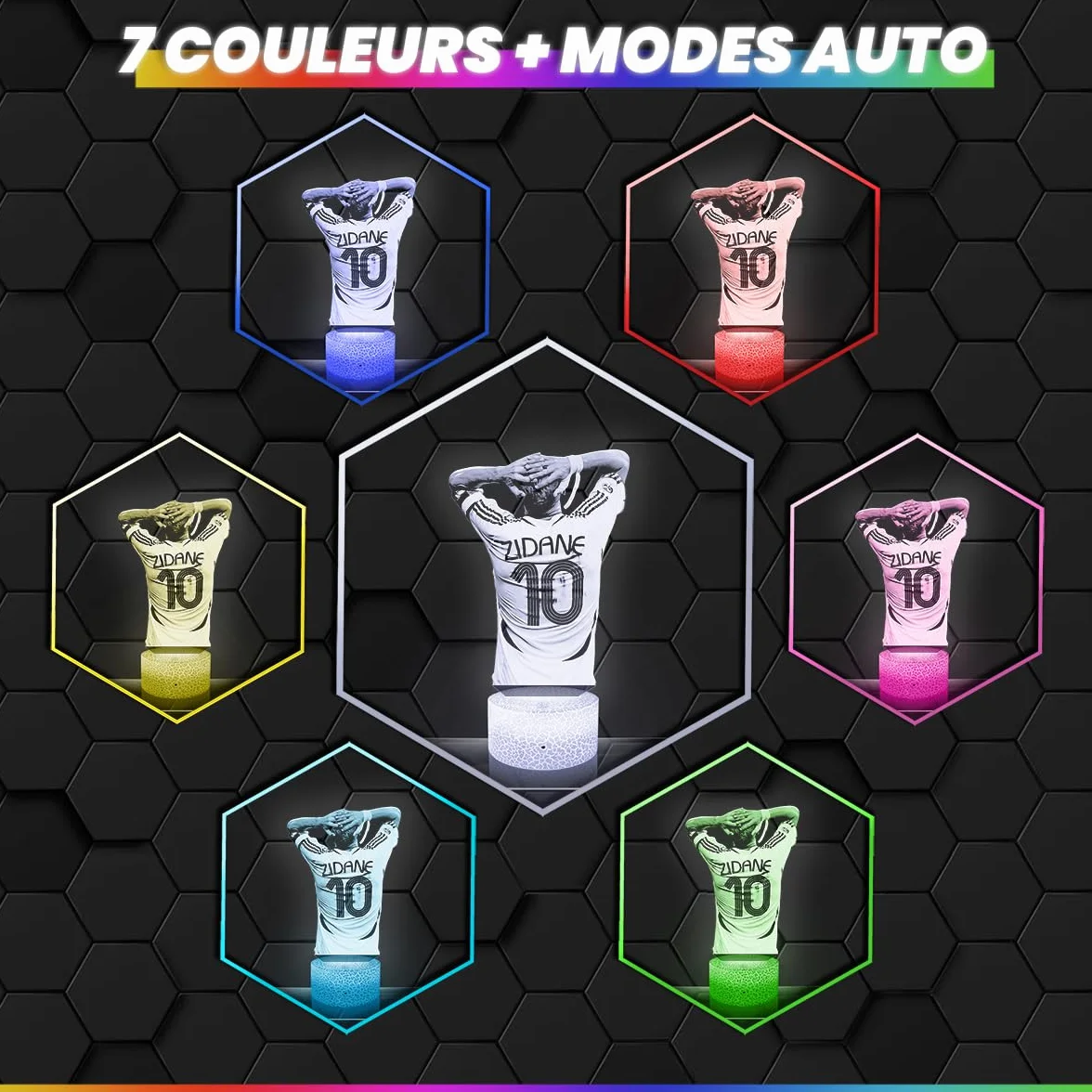 Lampe 3D France 1998 Zinedine Zidane Joueur de Foot Veilleuse Tactile LED Illusion Effet Hologramme 3D Cadeau