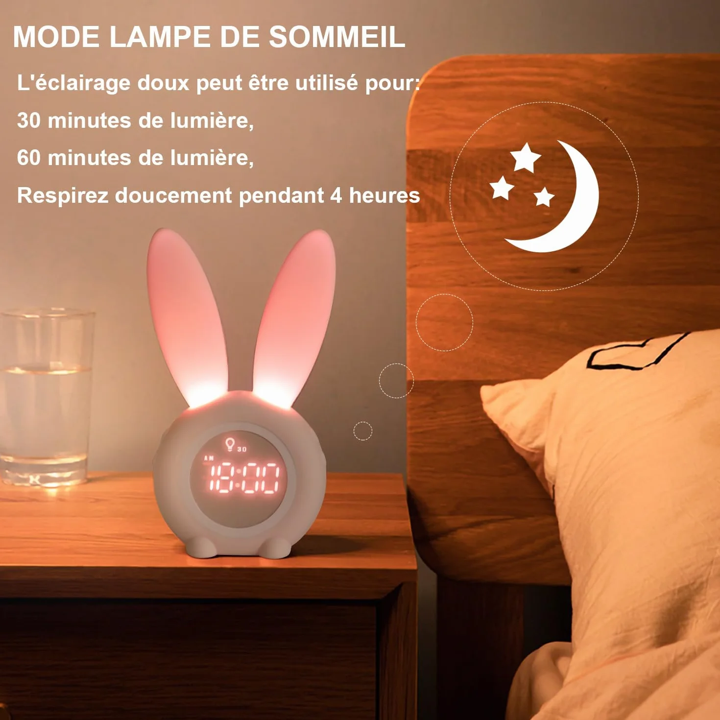 YONGYAO Réveil pour Enfants Lapin Lumineux avec Fonction Snooze, Installation Aimantée, Rose