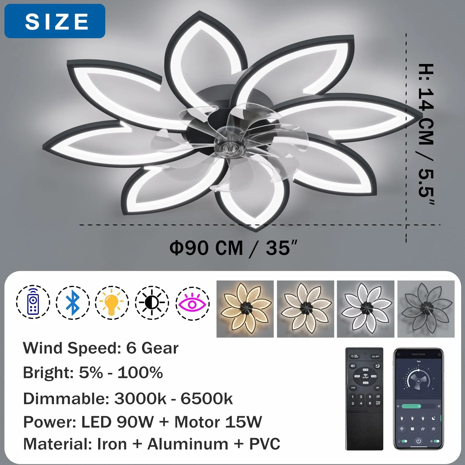 YUNZI Ventilateur de Plafond avec Lumière LED Dimmable Télécommande 6 Vitesses Blanc 90CM