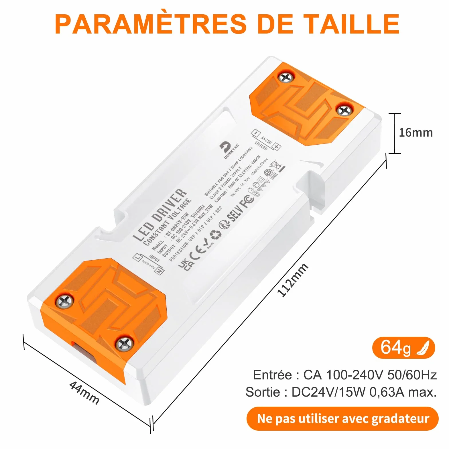 DUSKTEC Transformateur 220V à 24V Alimentation LED 15W Plat AC-DC IP44