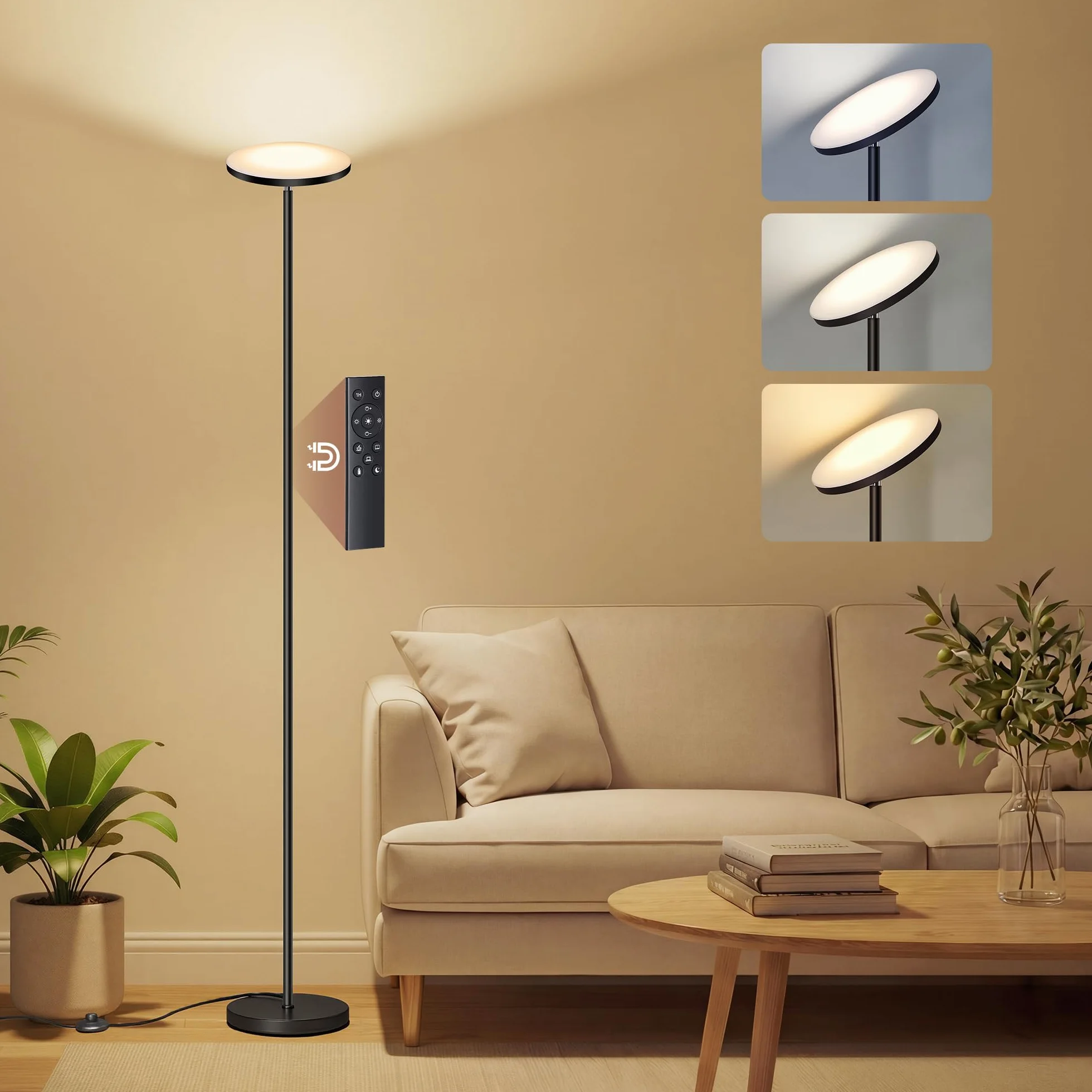 VASAGLE Lampadaire LED 30 W Tête Orientable Noir Mat avec Télécommande