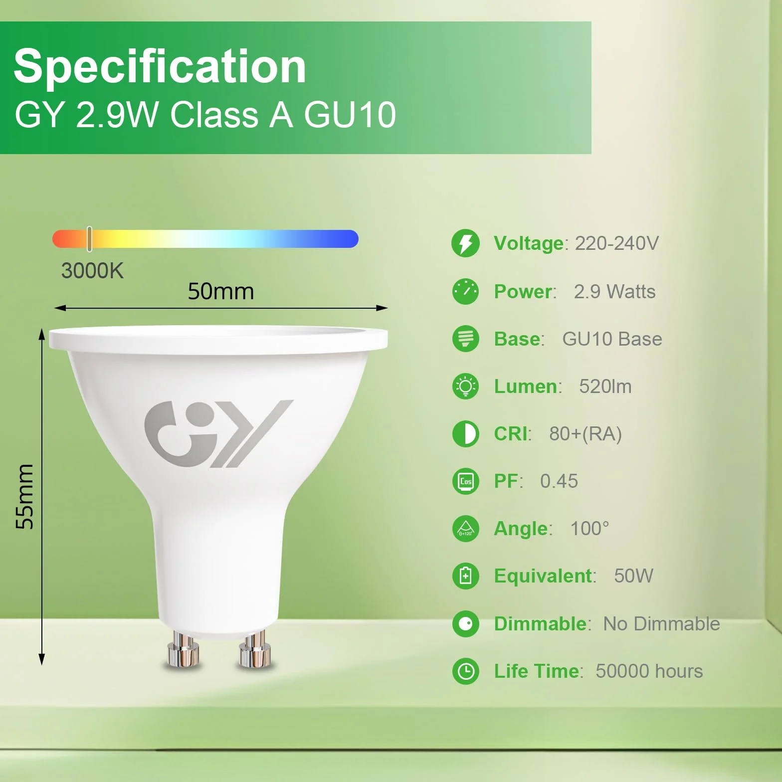 Ampoules LED GU10 Classe A 2.9W Equivalent 50W 520LM 3000K Blanc Chaud Angle 100° Non-Dimmable Lot de 10