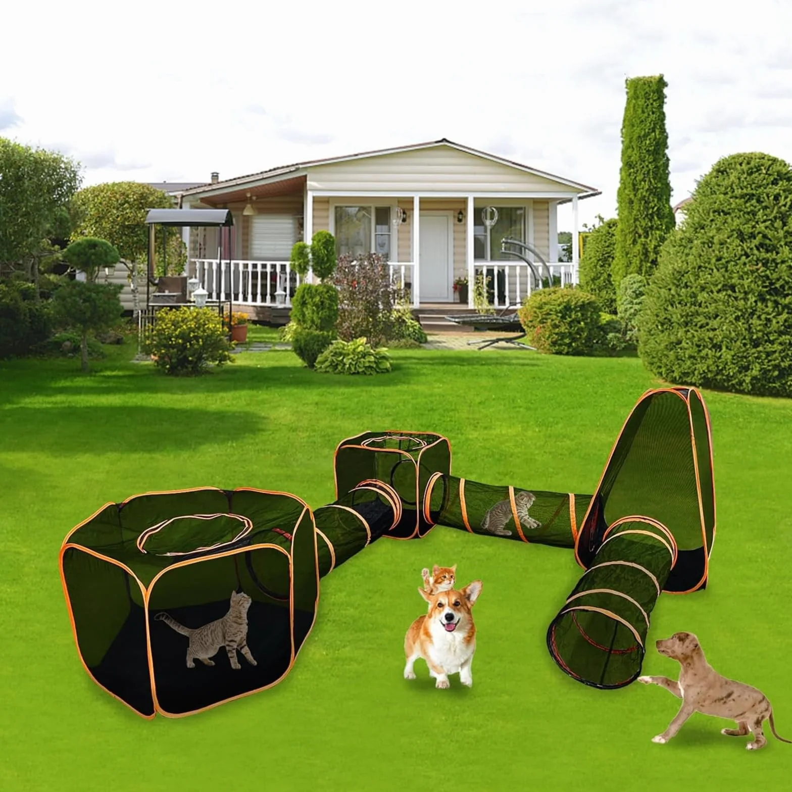 Keyzone Enclos d'extérieur pour chats 6 en 1, tente et tunnel rond, parc portable avec sac