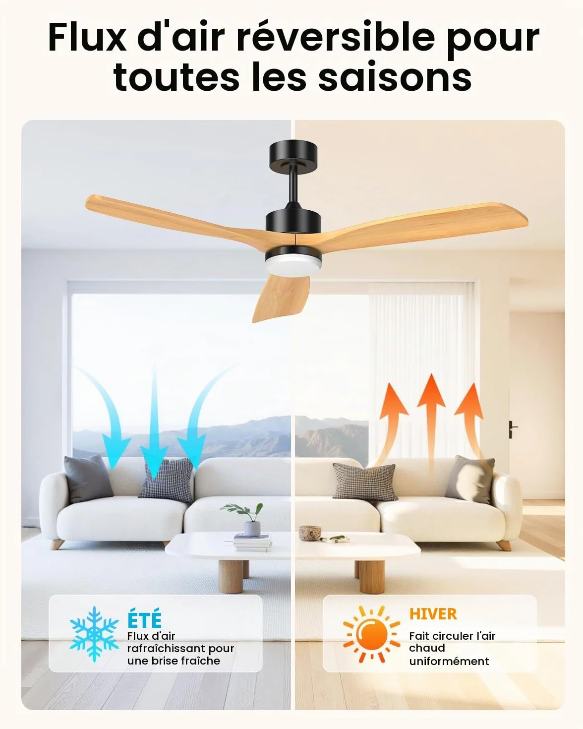 Airwit 152cm Ventilateur Plafond Grand Pales Bois Massif LED Réglable Télécommande Moteur DC Silencieux Réversible