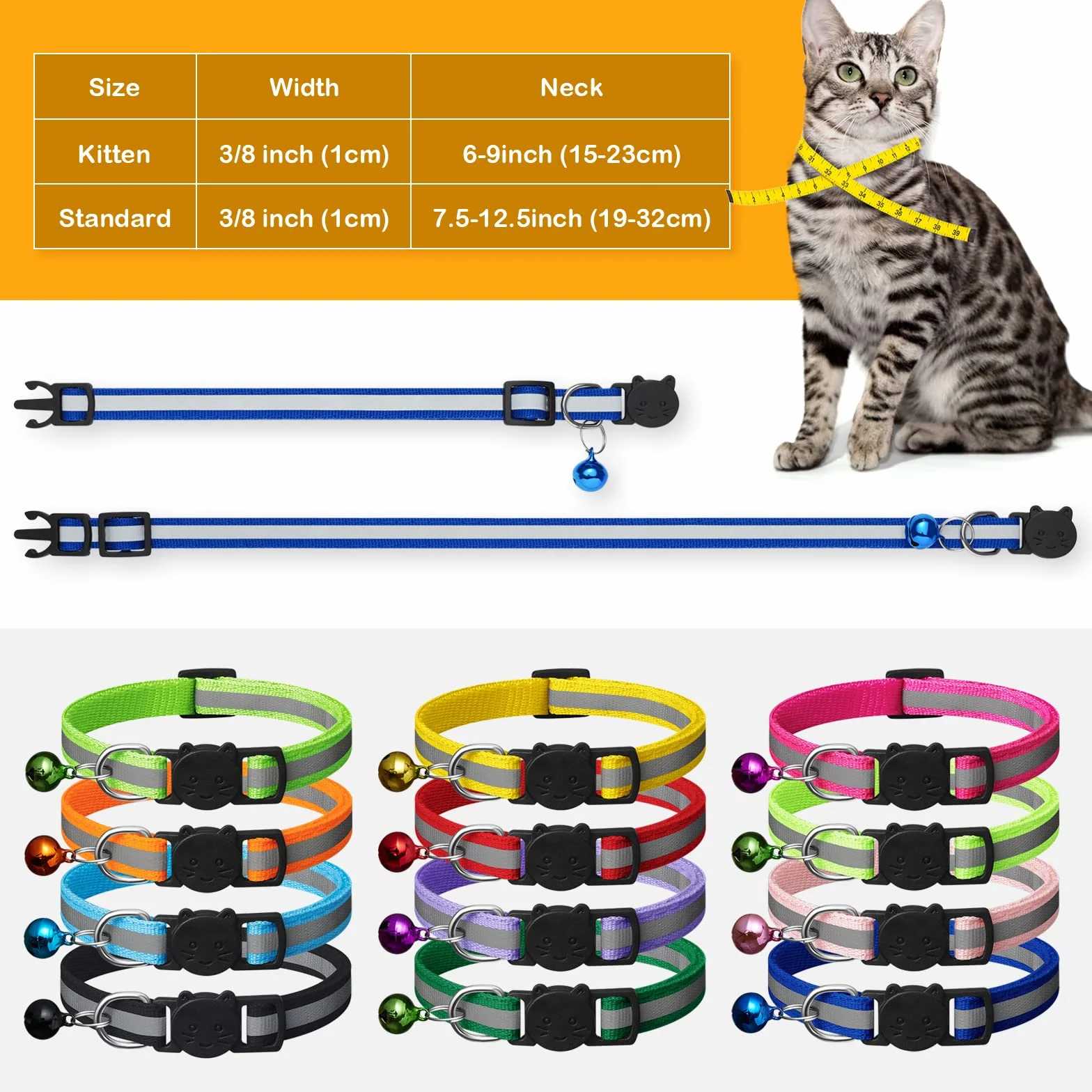 Extodry Collier de sécurité pour Chat à libération Rapide, réfléchissant avec clochettes, réglable 19,1-31,5 cm, Lot de 2 étiquettes, 8 Couleurs