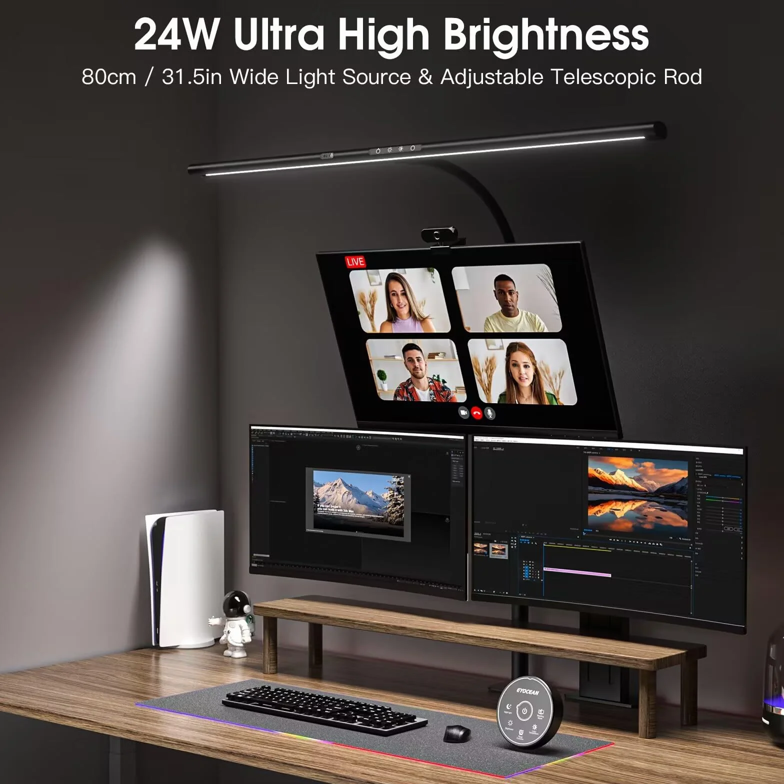 EYOCEAN Lampe de Bureau LED, Gradation et Températures de Couleur Réglables, Tige Télescopique